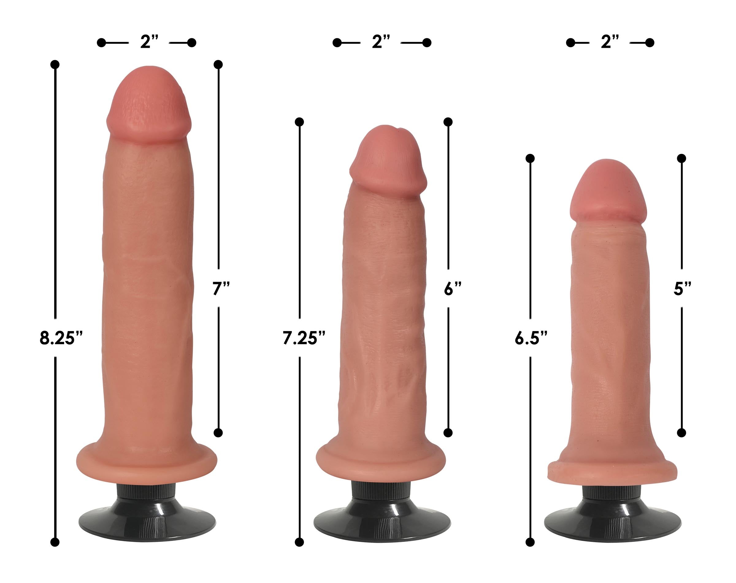 Size chart comparison for Jock Light Vibrating Dildo with three size variations