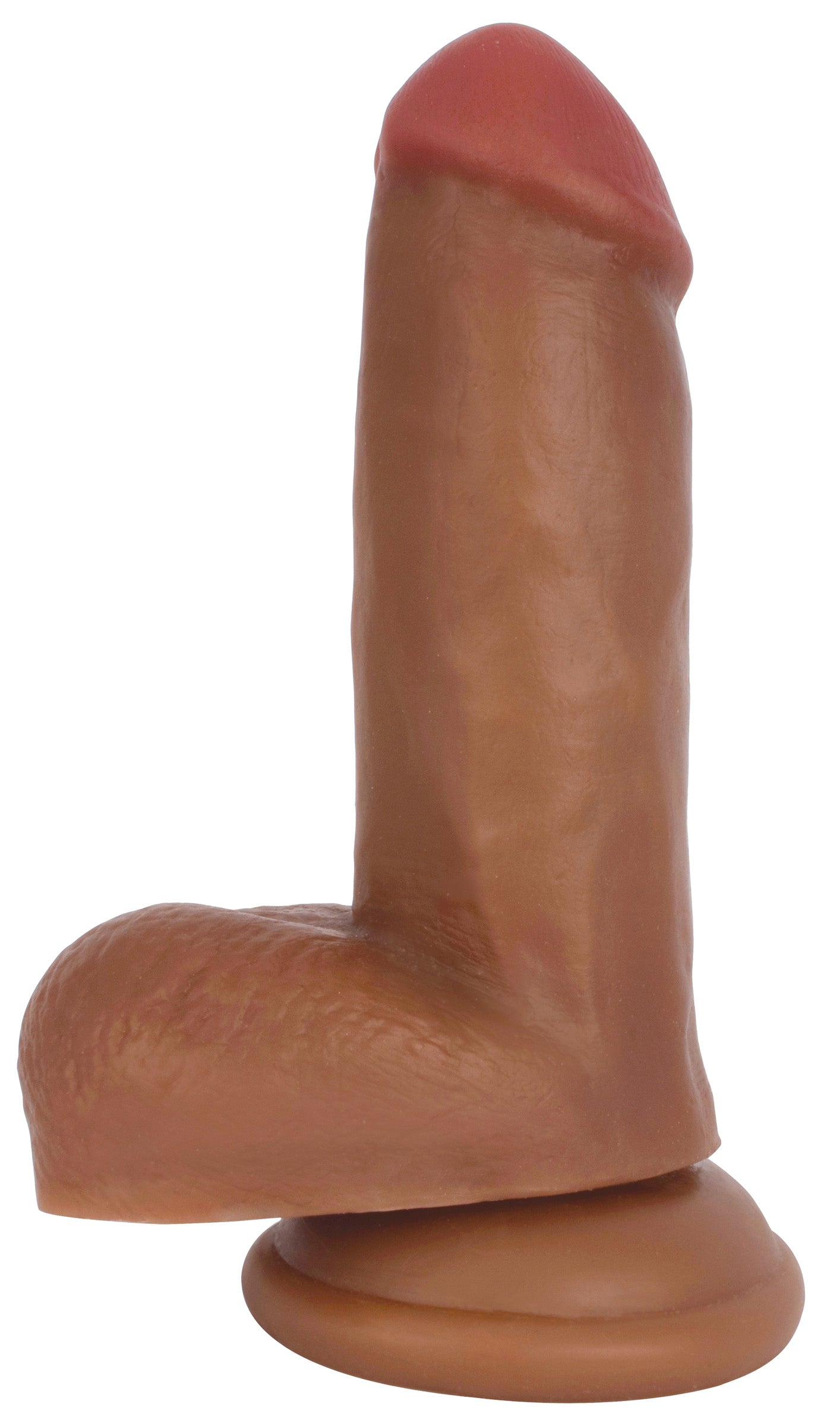 Medium-sized suction cup dildo with balls on a white background