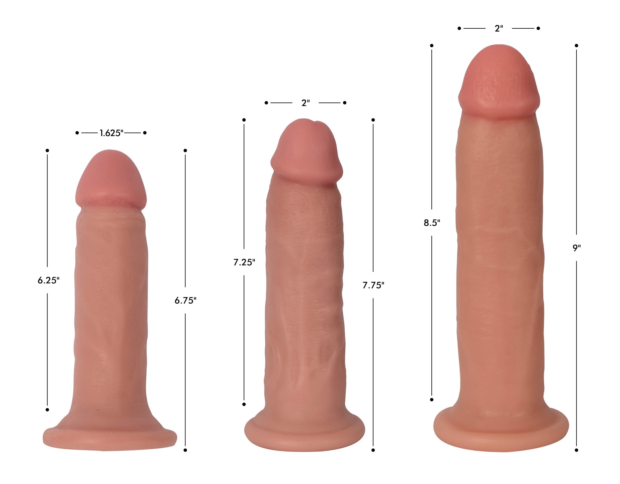 Size comparison chart for Jock Light Bareskin dildo with three size variations