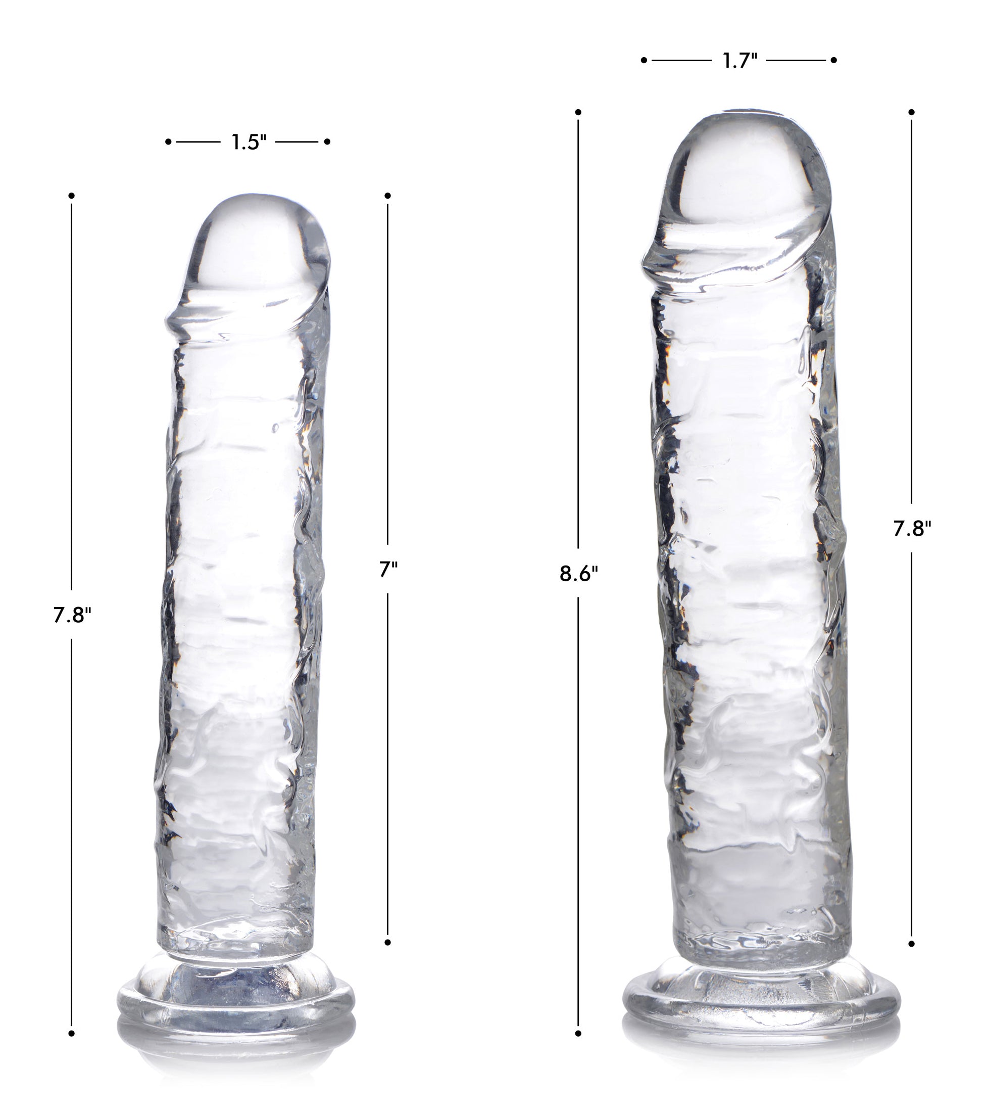 Size comparison of the Jock C-thru Dildo with a transparent design