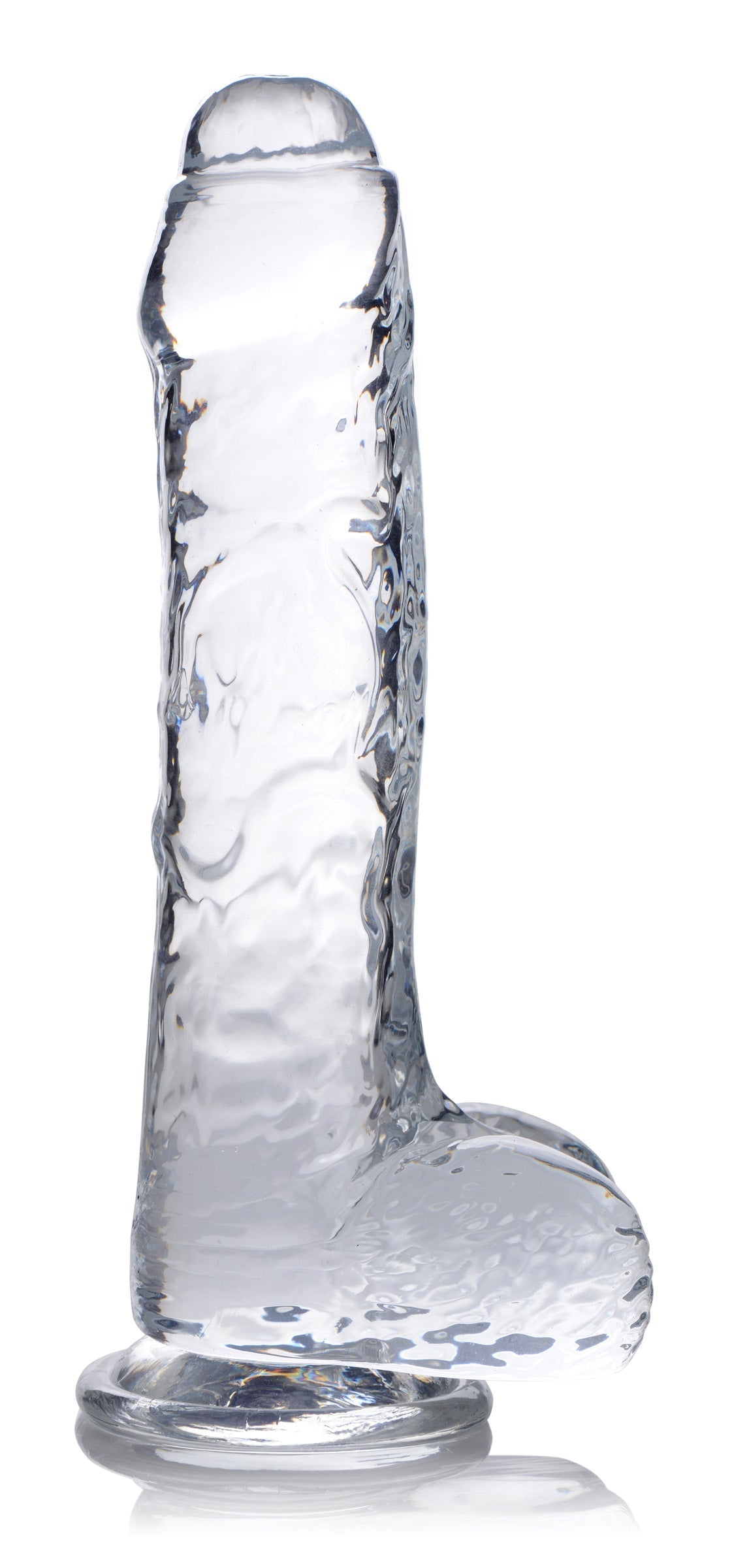 Jock C-thru clear silicone dildo with realistic texture and balls