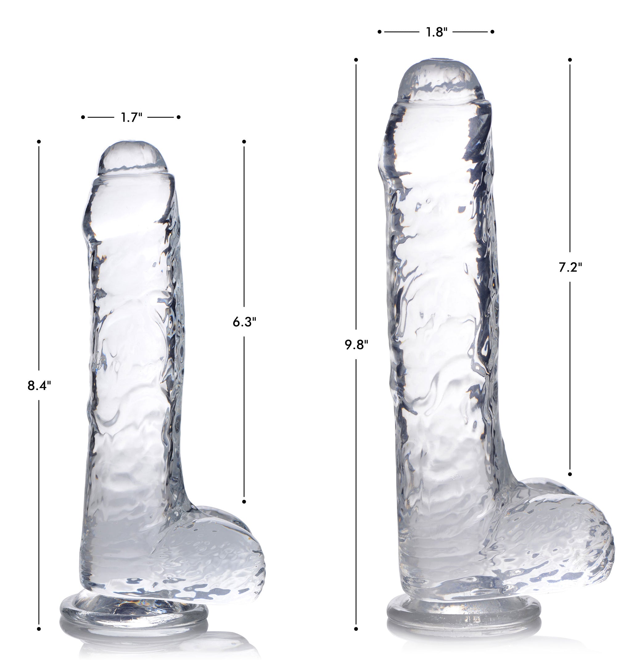 Size dimensions of the Jock C-thru clear silicone dildo with balls