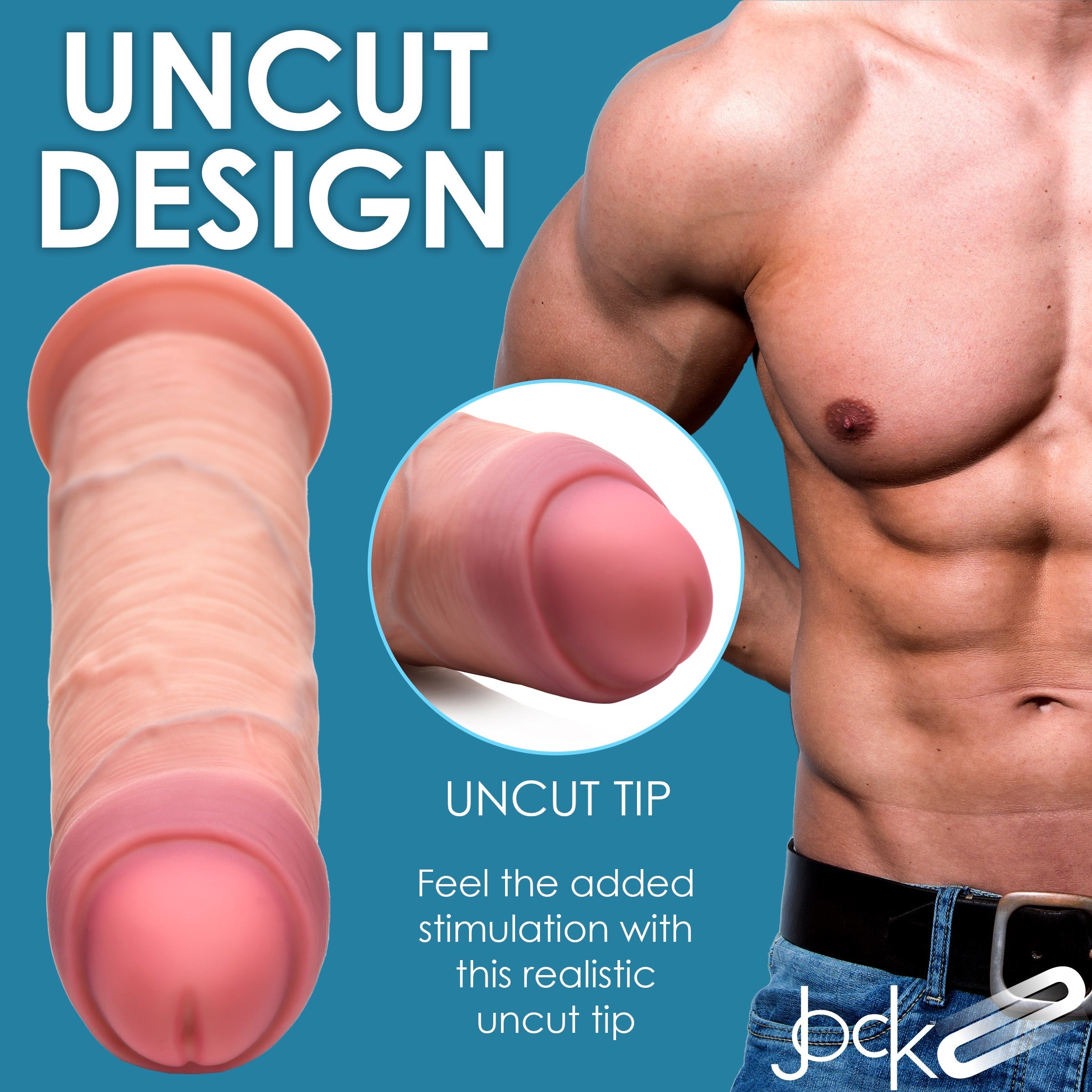 The uncut foreskin feature of the 8.5 Inch Dual Density Dildo emphasized