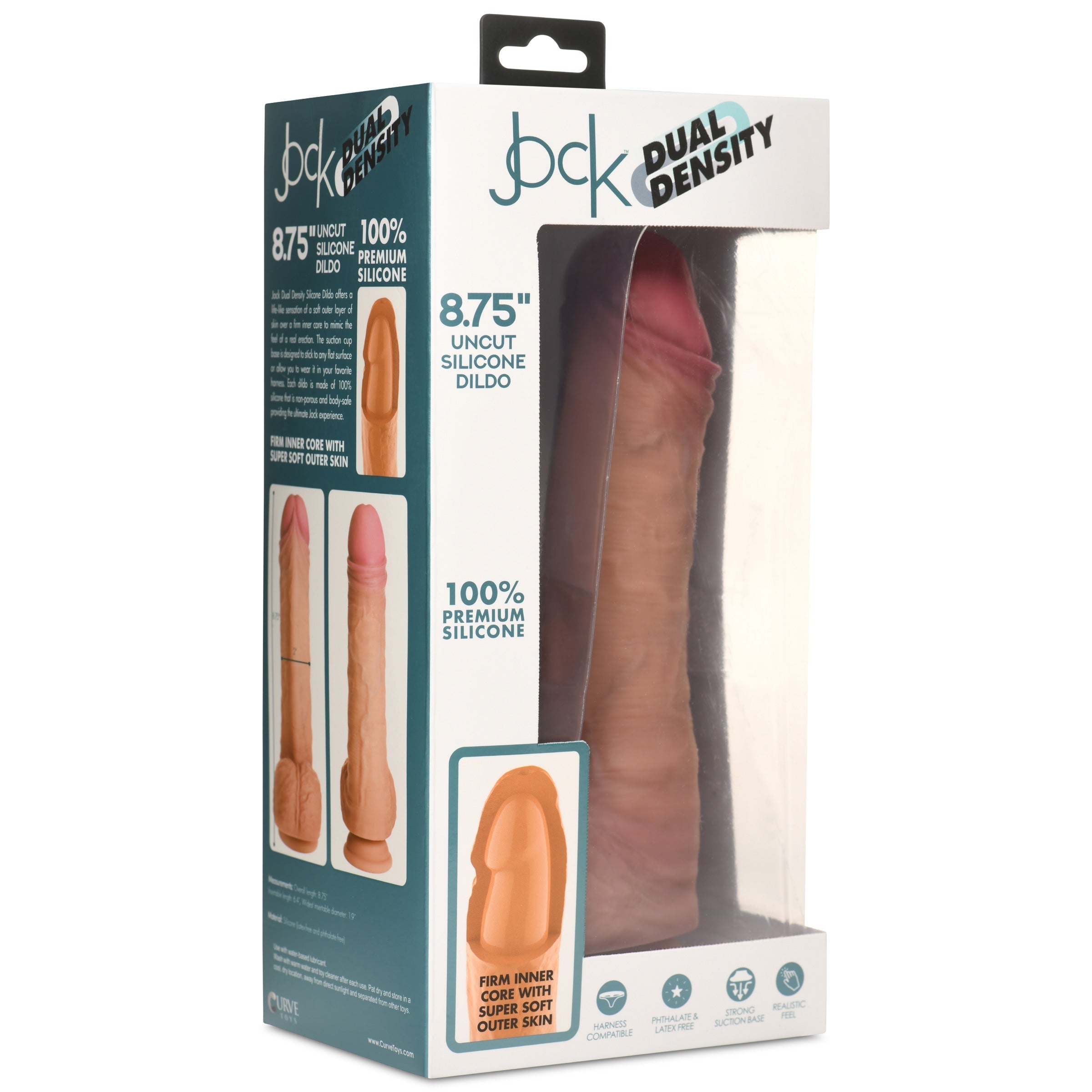 The 8.75 Inch Dual Density Uncut Dildo With Balls displayed with its retail box