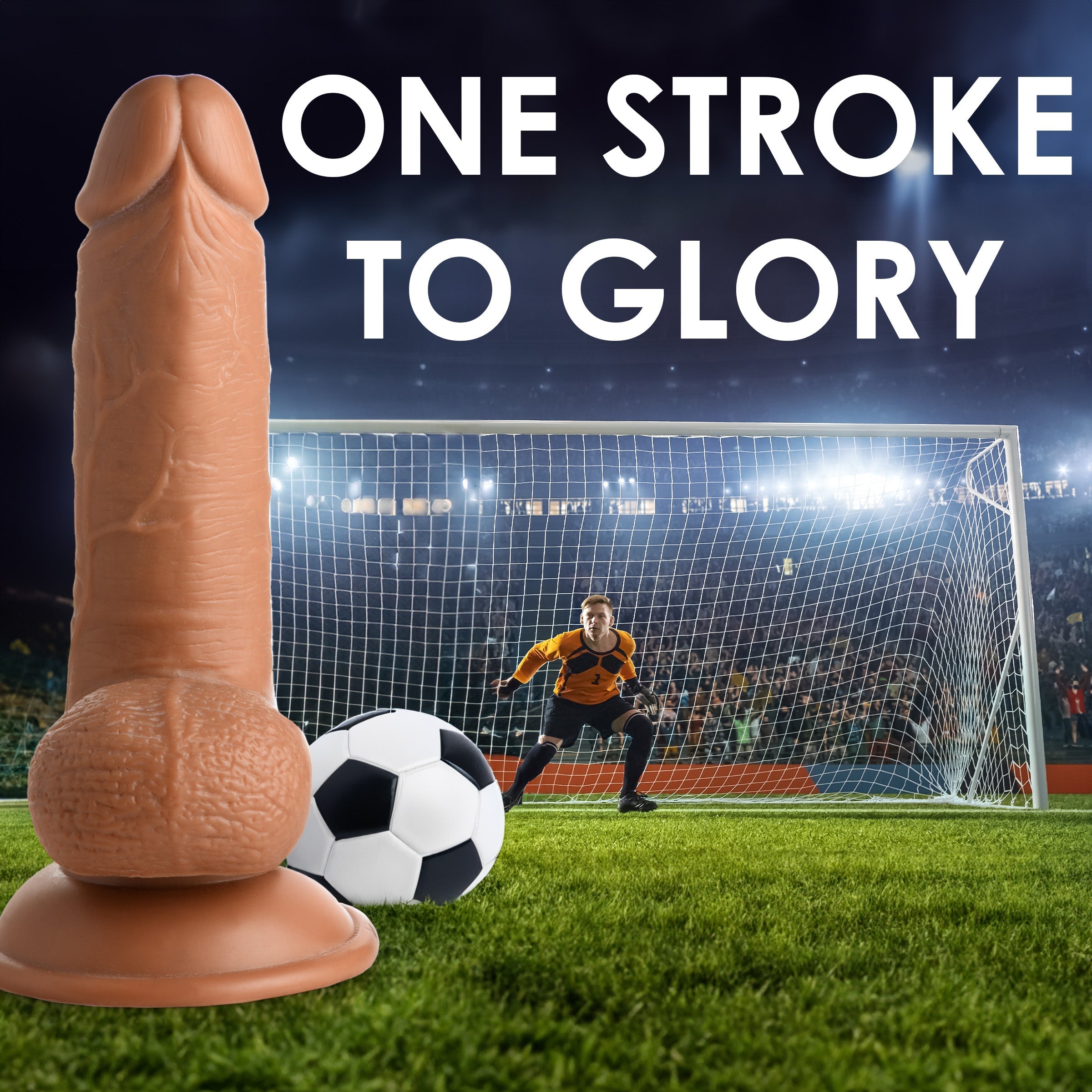 Soccer Sam 7 Inch Dildo packaging with the slogan 'One stroke to glory'