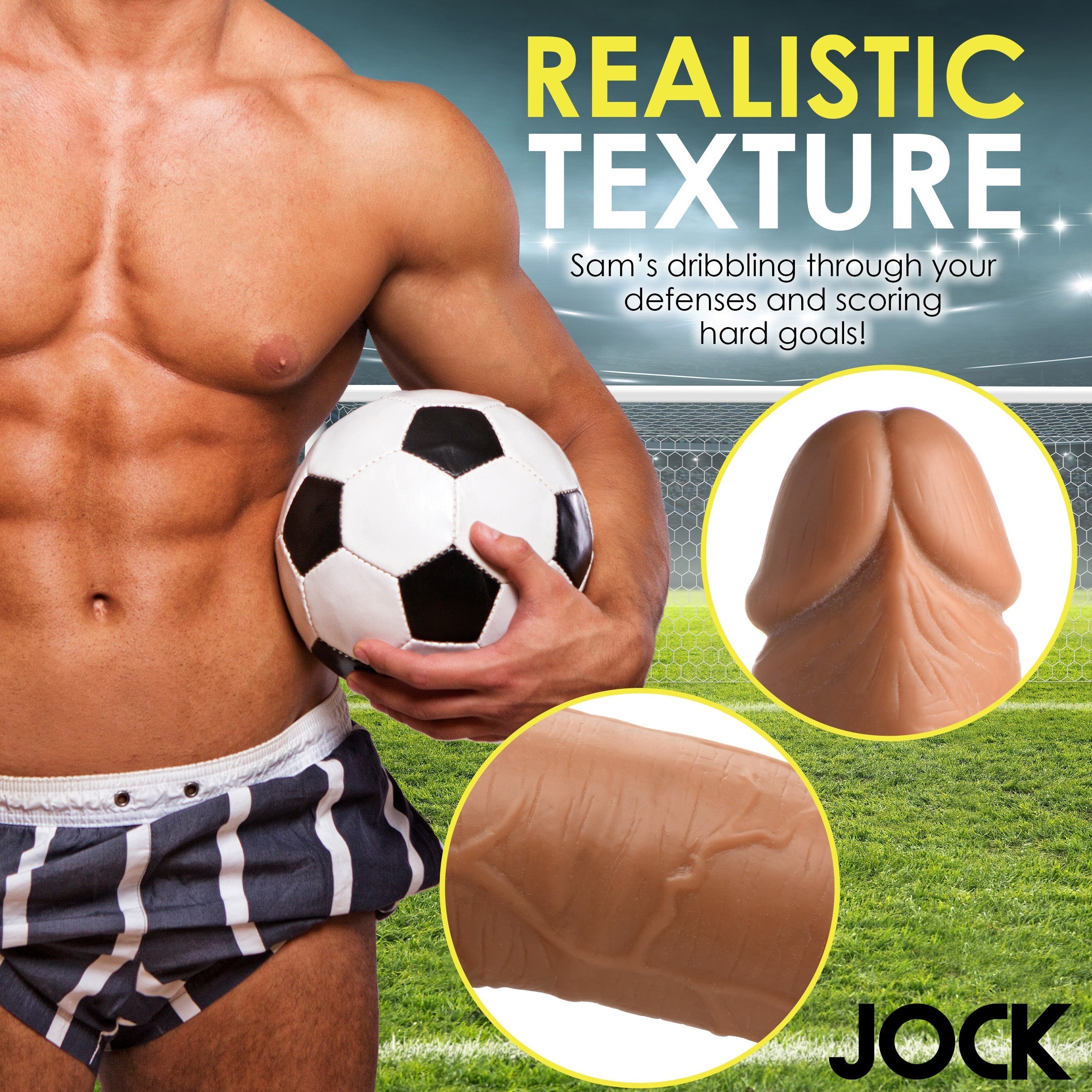 Advertorial image for Soccer Sam 7 Inch Dildo featuring a model in athletic wear