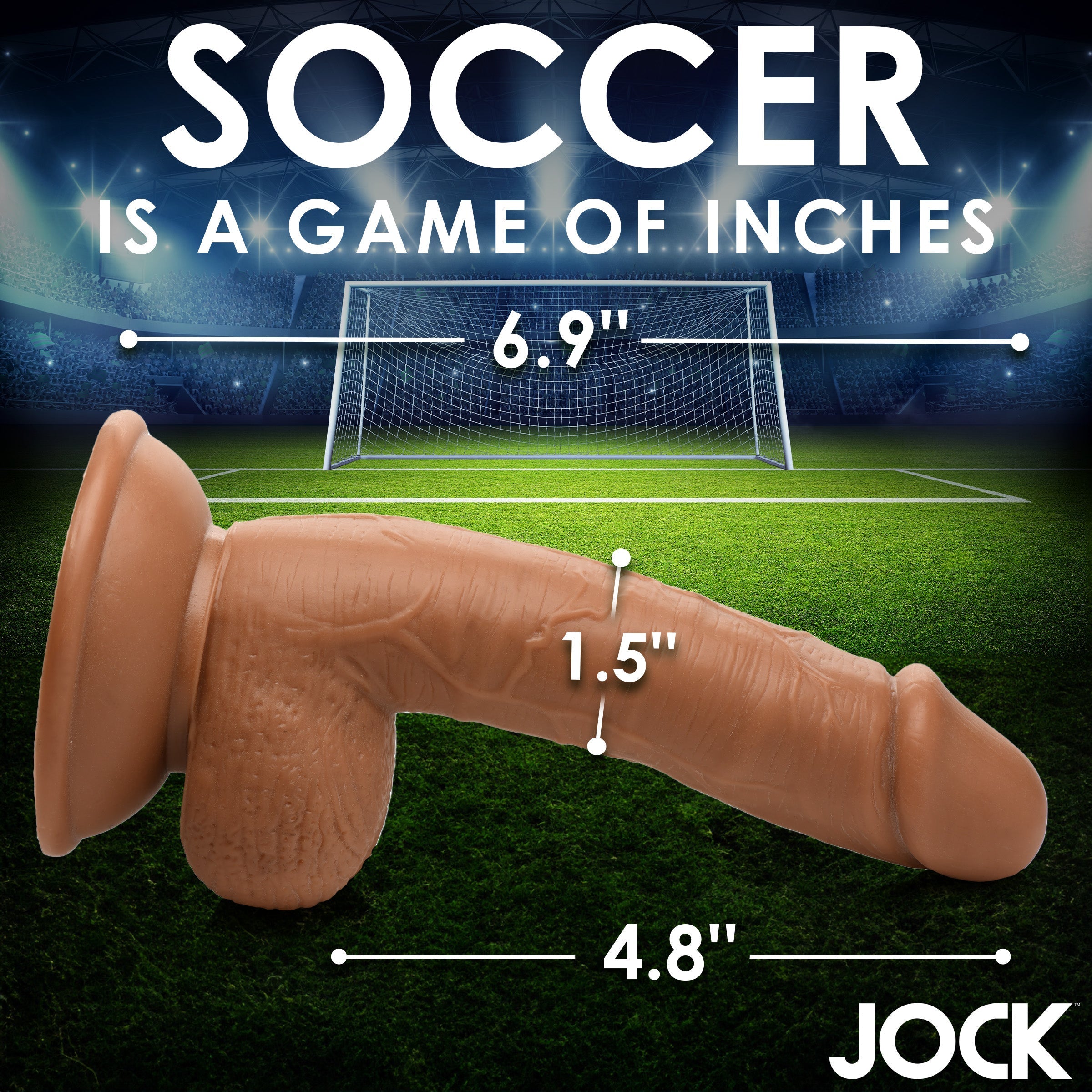 Promotional image emphasizing the size of the Soccer Sam 7 Inch Dildo