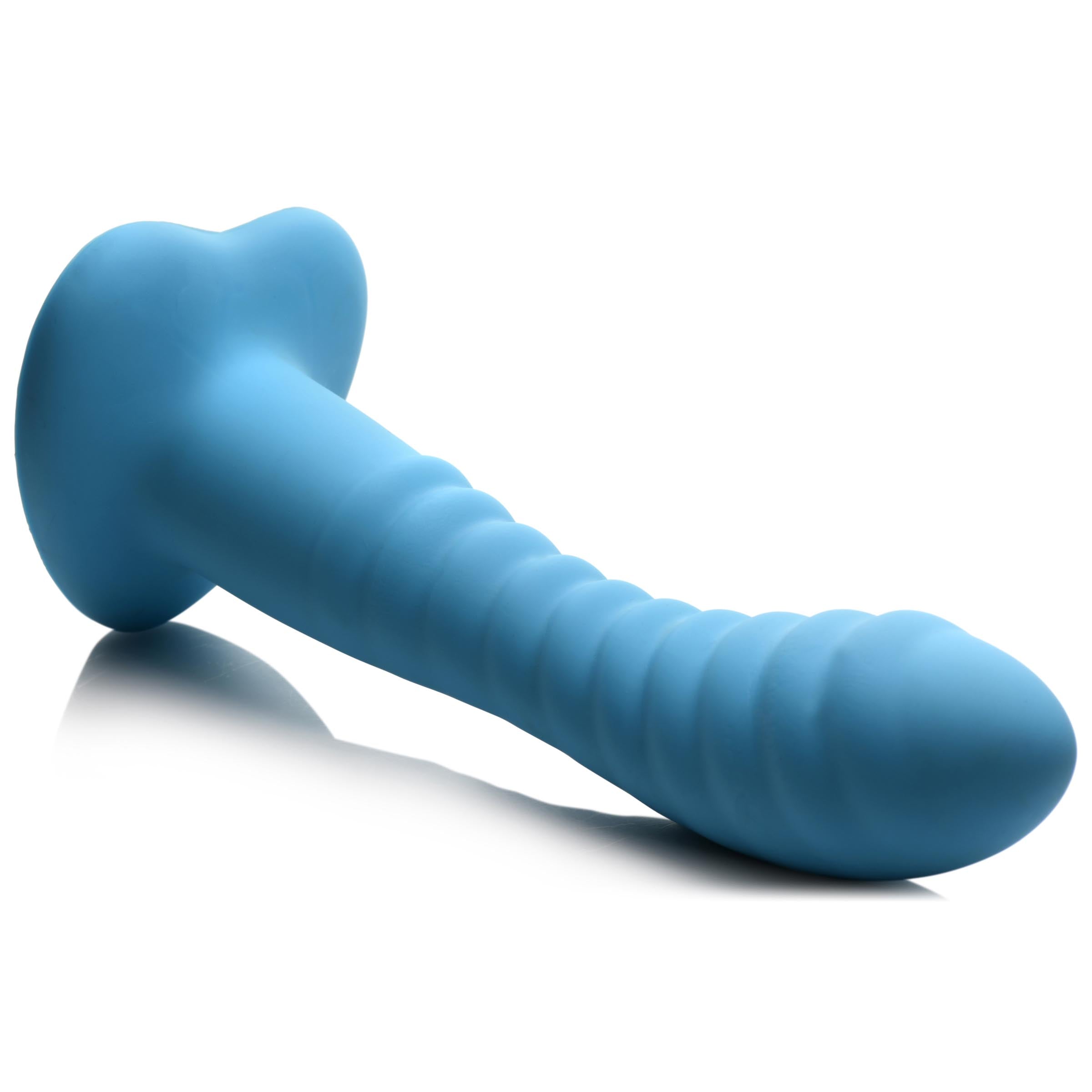 Blue ribbed silicone dildo isolated on a white surface