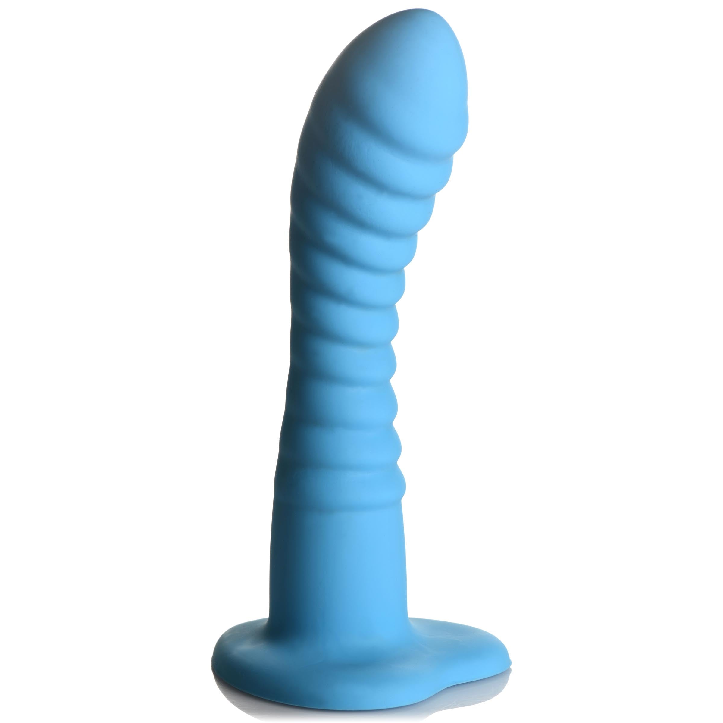 Blue ribbed silicone dildo with a curved design