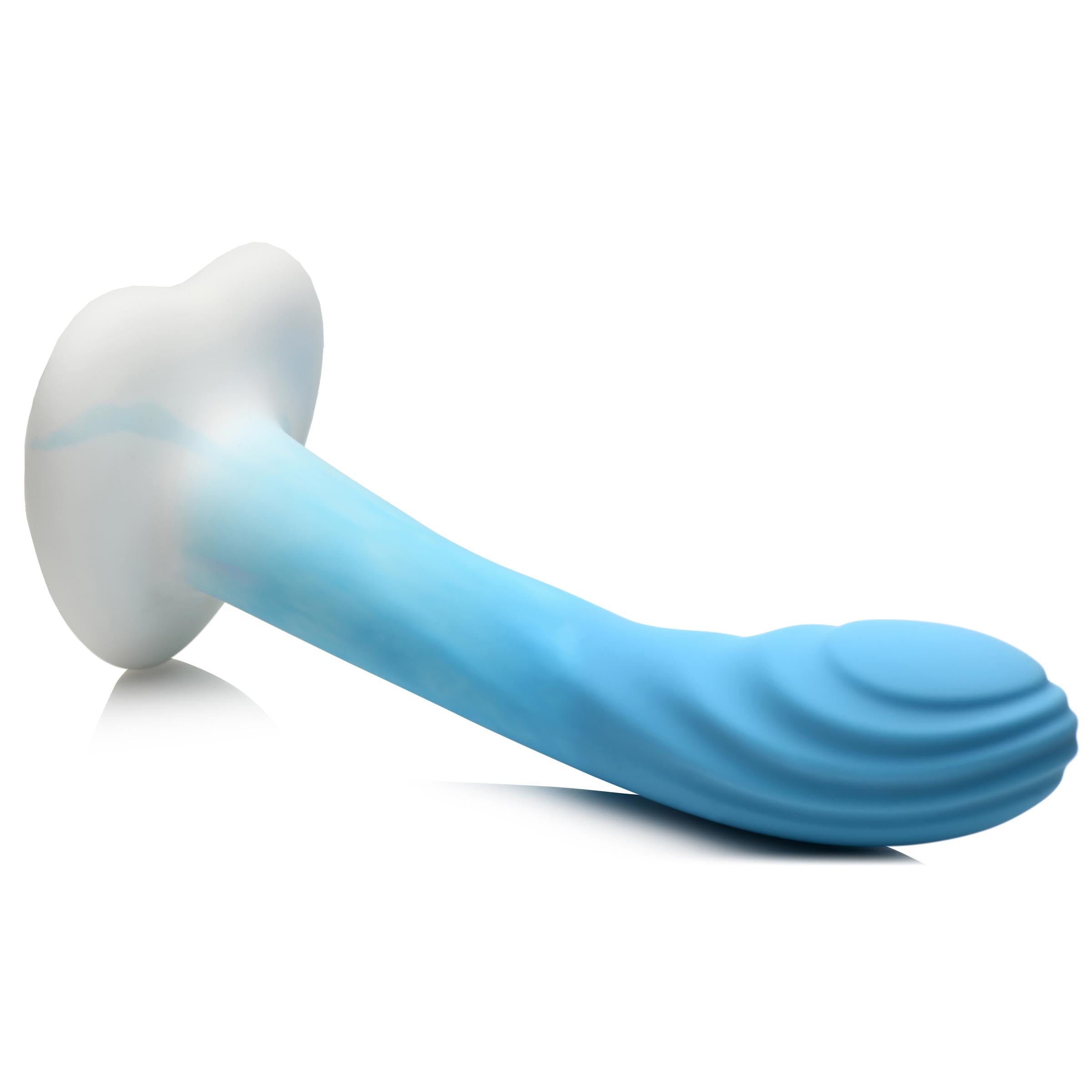 Blue and white silicone dildo resting on a white background