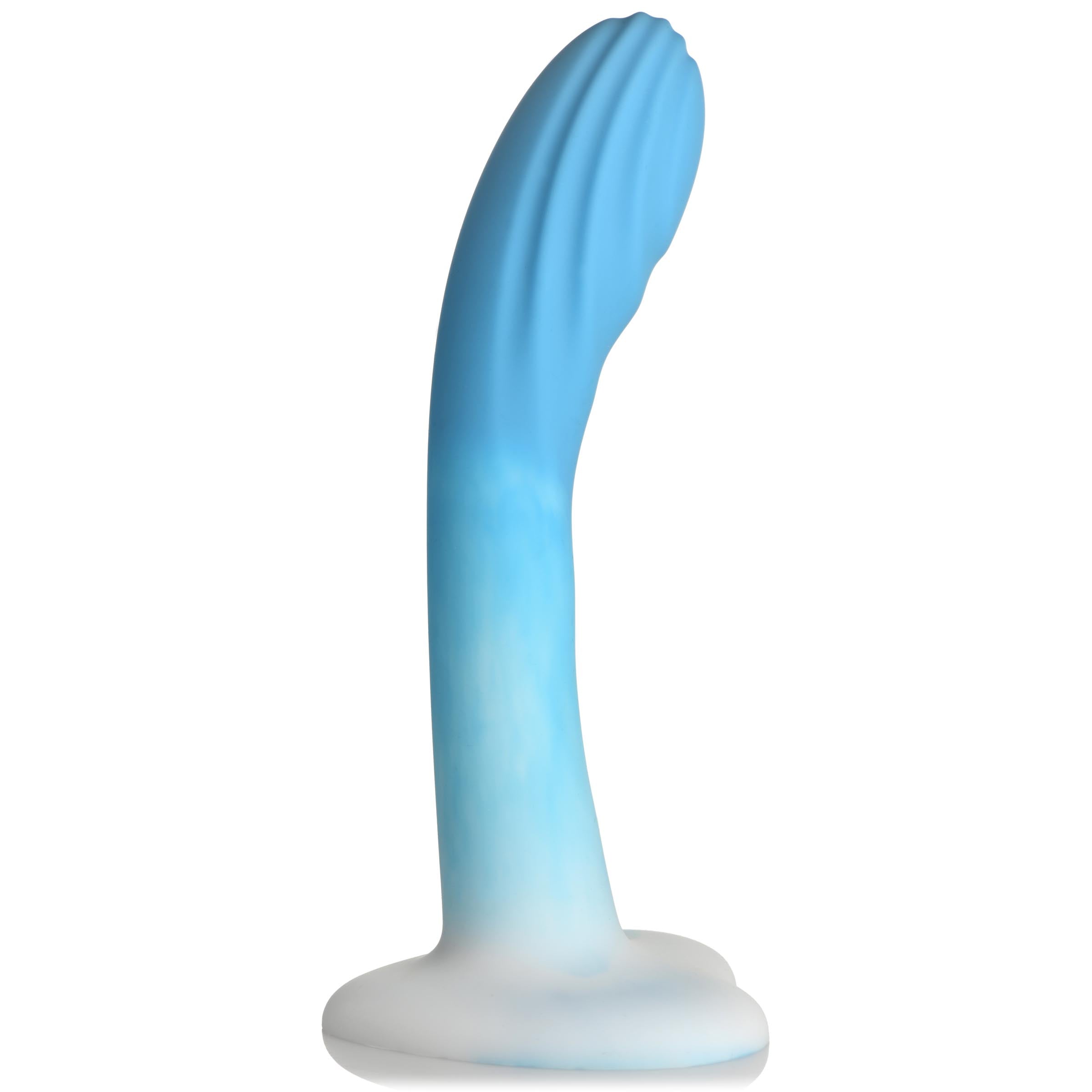 Blue silicone dildo with white accents and a rippled texture