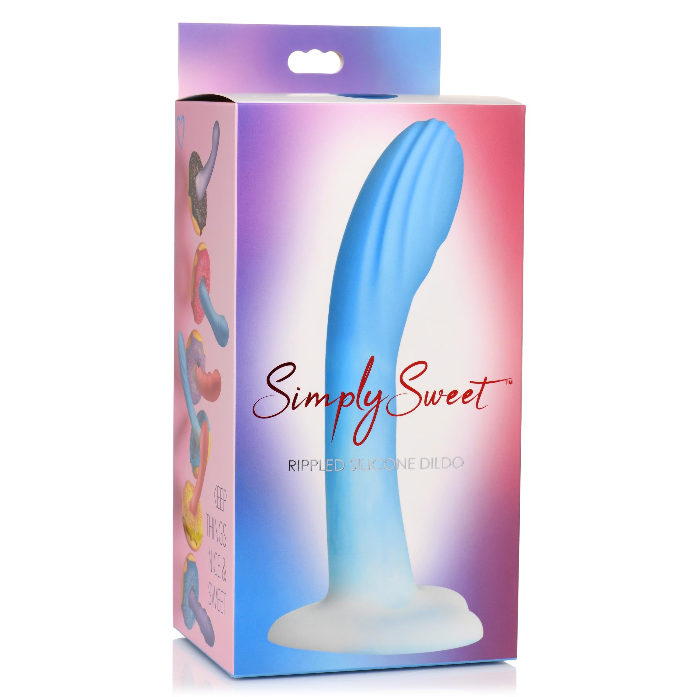 Ergonomic silicone dildo in blue with subtle white detailing