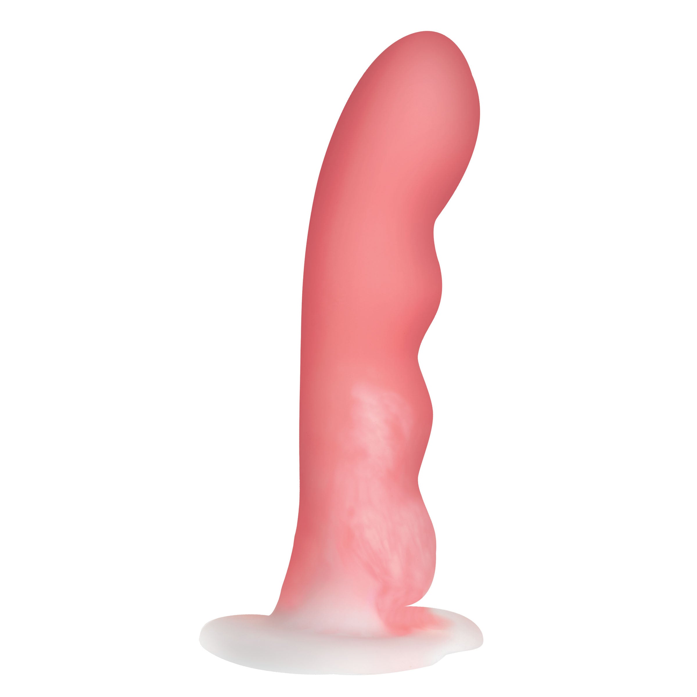 Pink and white wavy silicone dildo on a plain background