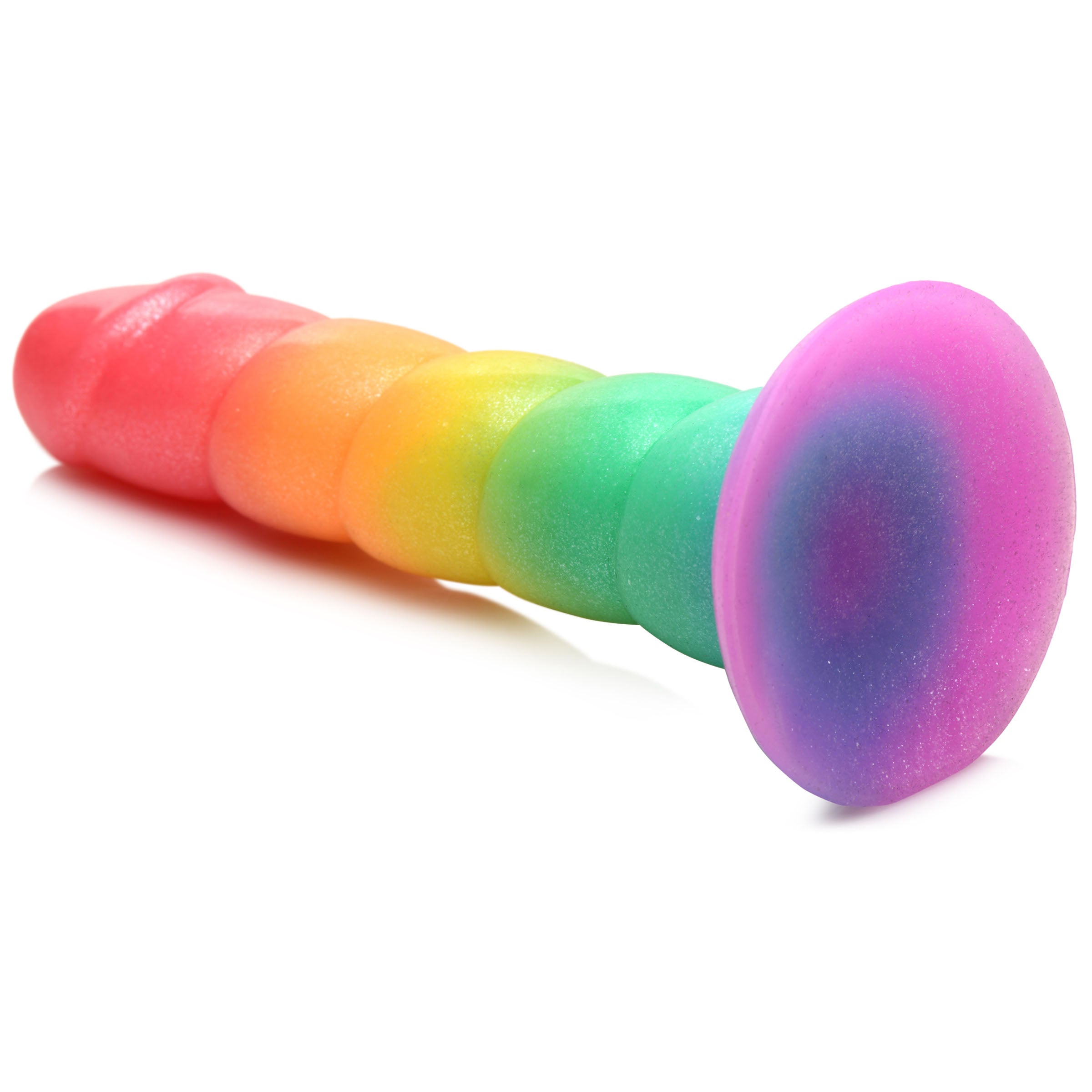 Multicolored silicone dildo with a spiral design and white handle