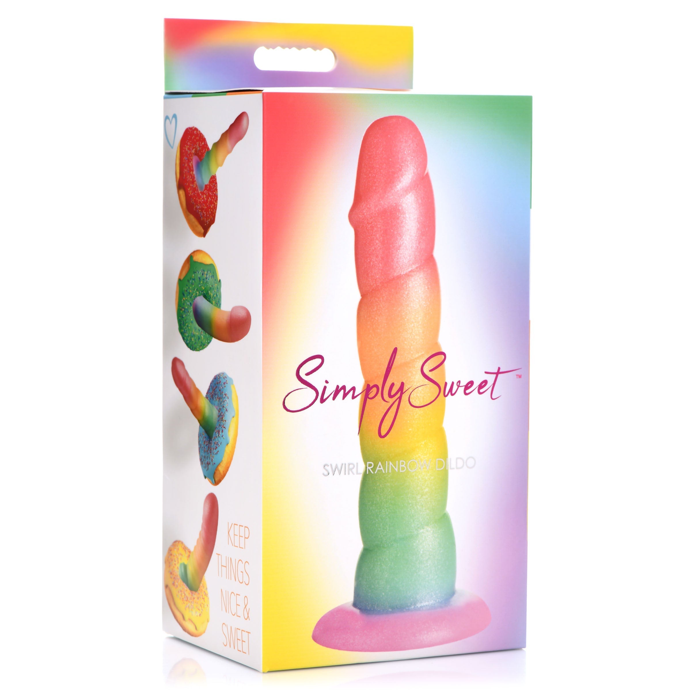 Rainbow swirl patterned silicone dildo from the Simply Sweet collection