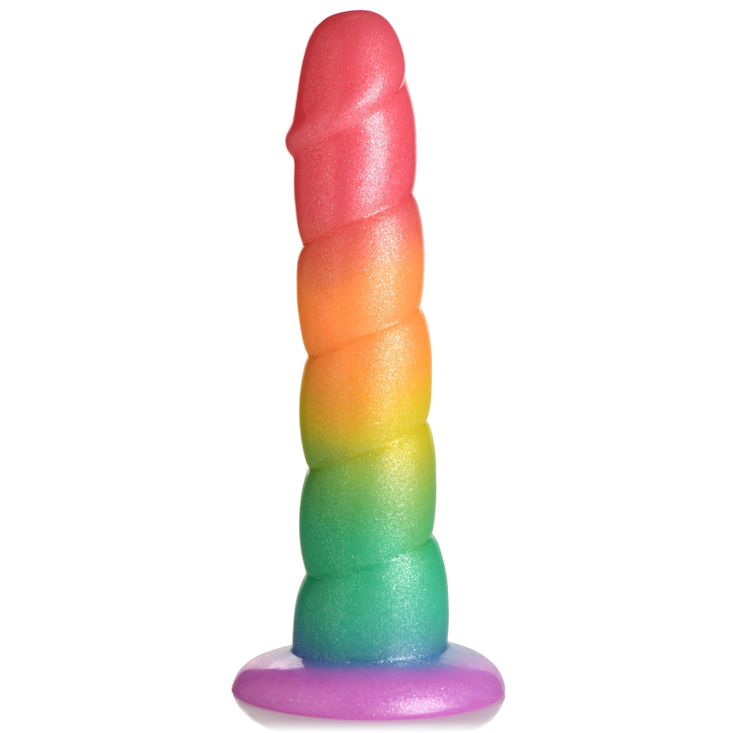 Silicone dildo featuring a rainbow swirl design and extended base