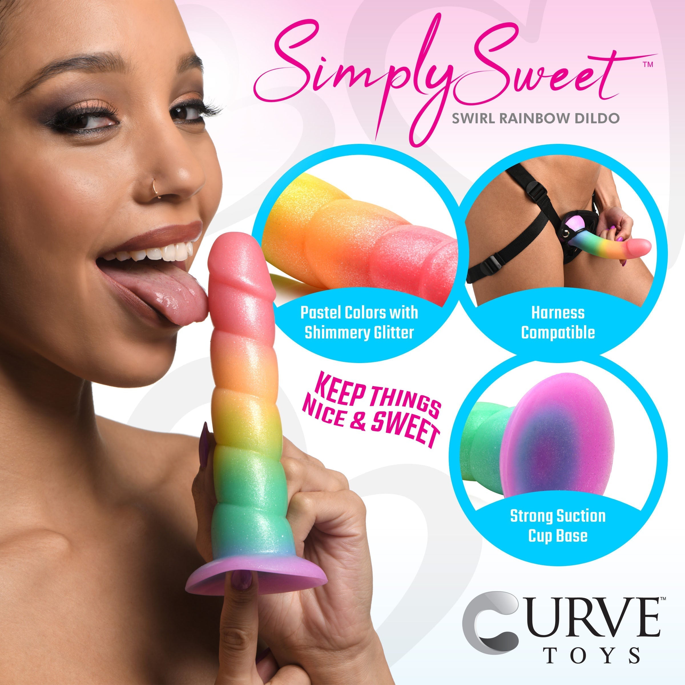 Simply Sweet collection's rainbow swirl silicone dildo product shot