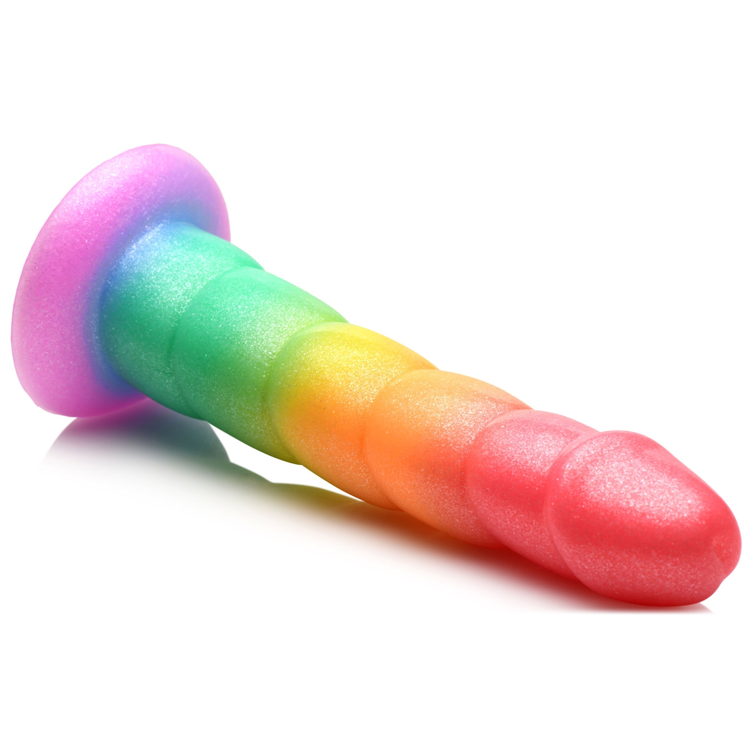 Rainbow-hued silicone dildo with a vibrating feature, displayed on a white background