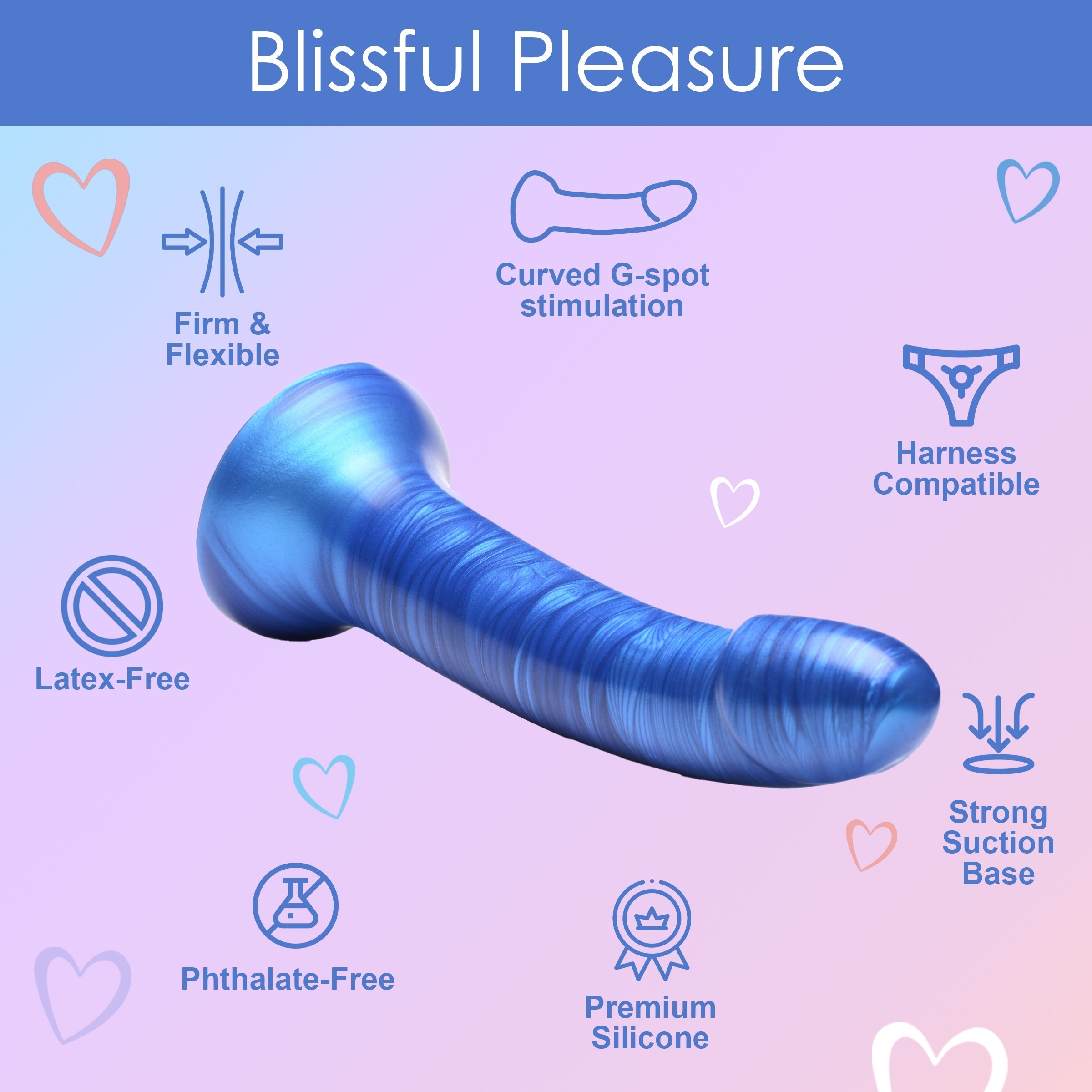 Blue Metallic Silicone 7 Inch Dildo with descriptive pleasure tagline