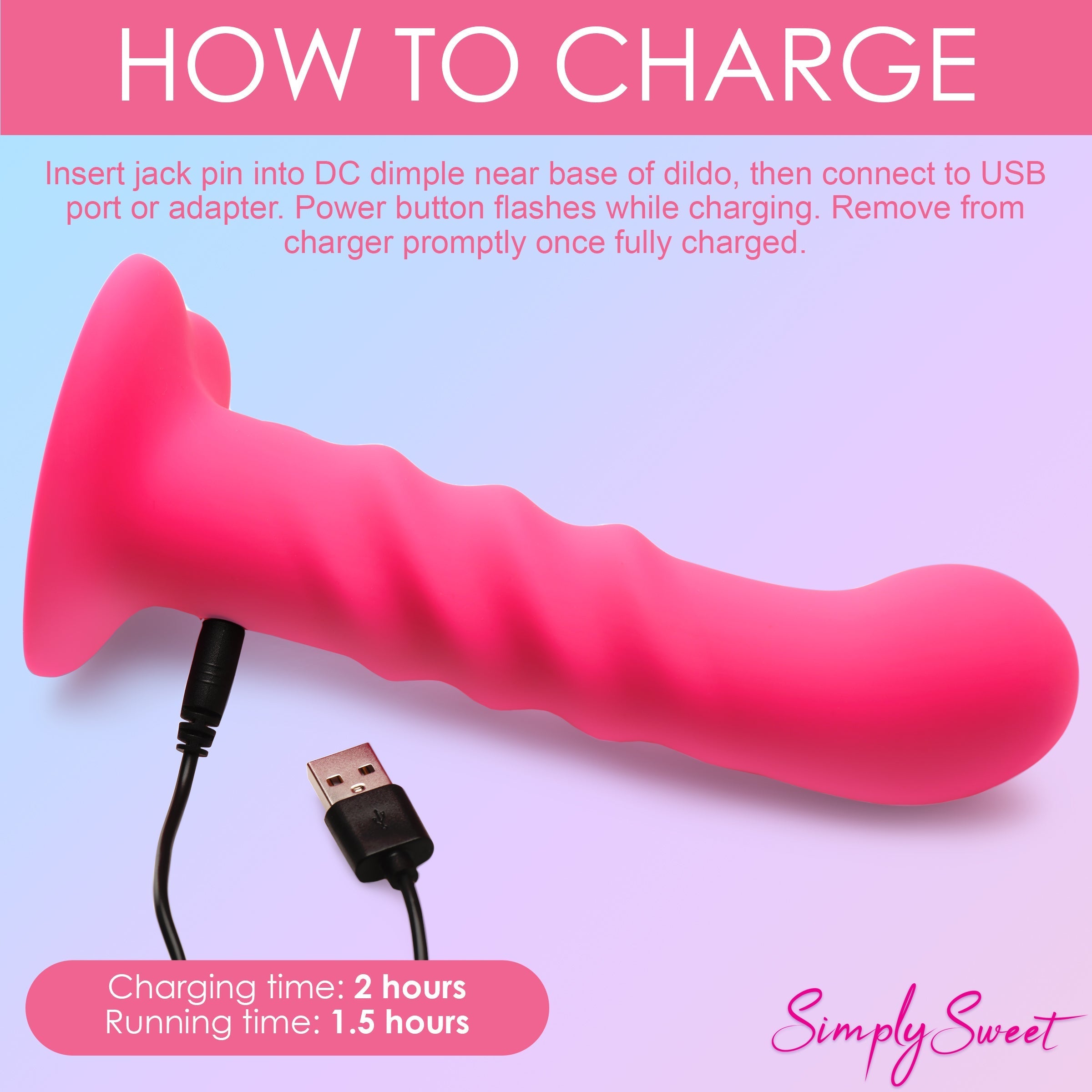 Charging instructions for the 21x Vibrating Ribbed Silicone Dildo