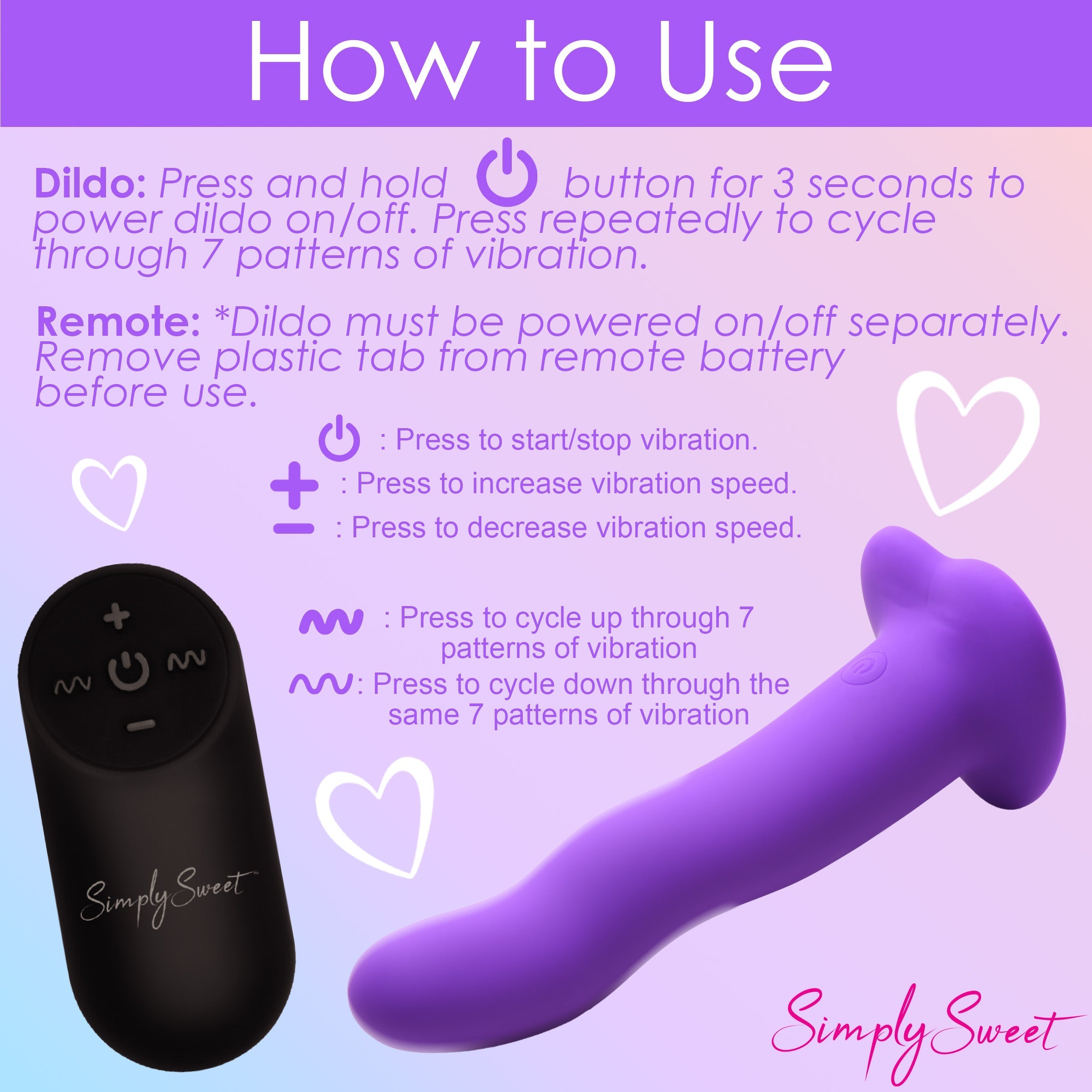 Usage instructions for 21x Vibrating Wavy Silicone Dildo with remote control