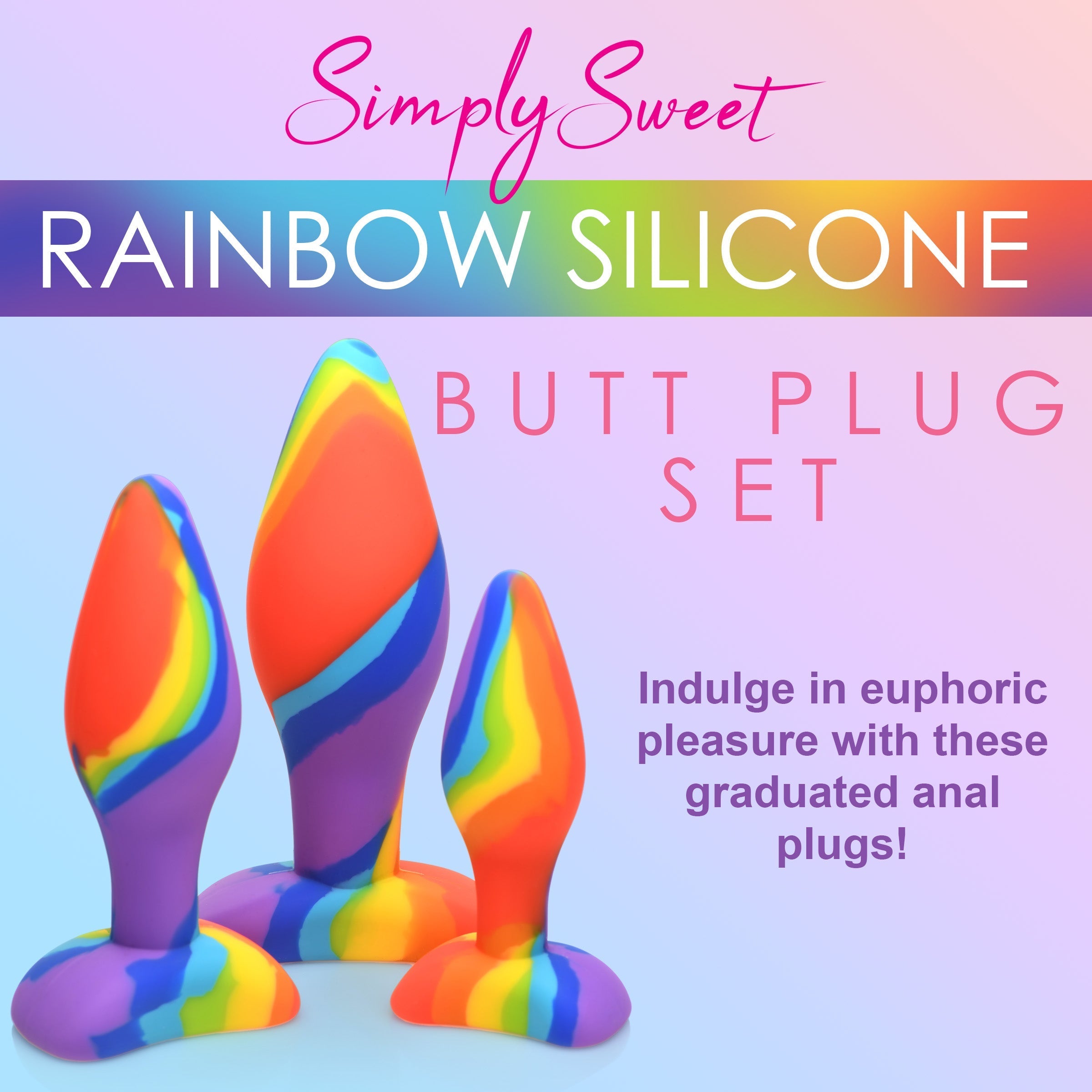 Detail shot of the rainbow silicone texture on butt plugs