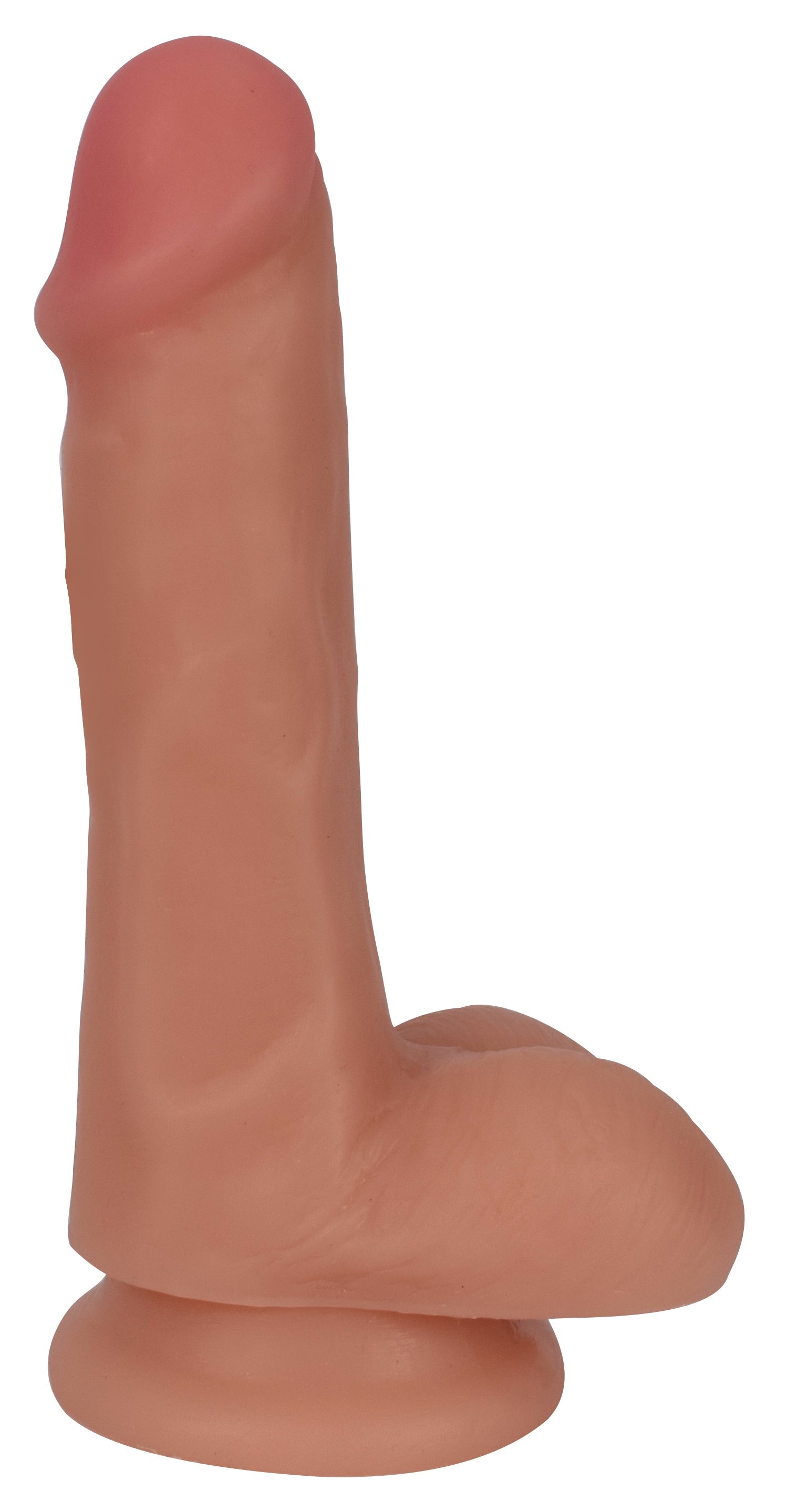 Pink 6-inch slim dildo with balls against a white backdrop