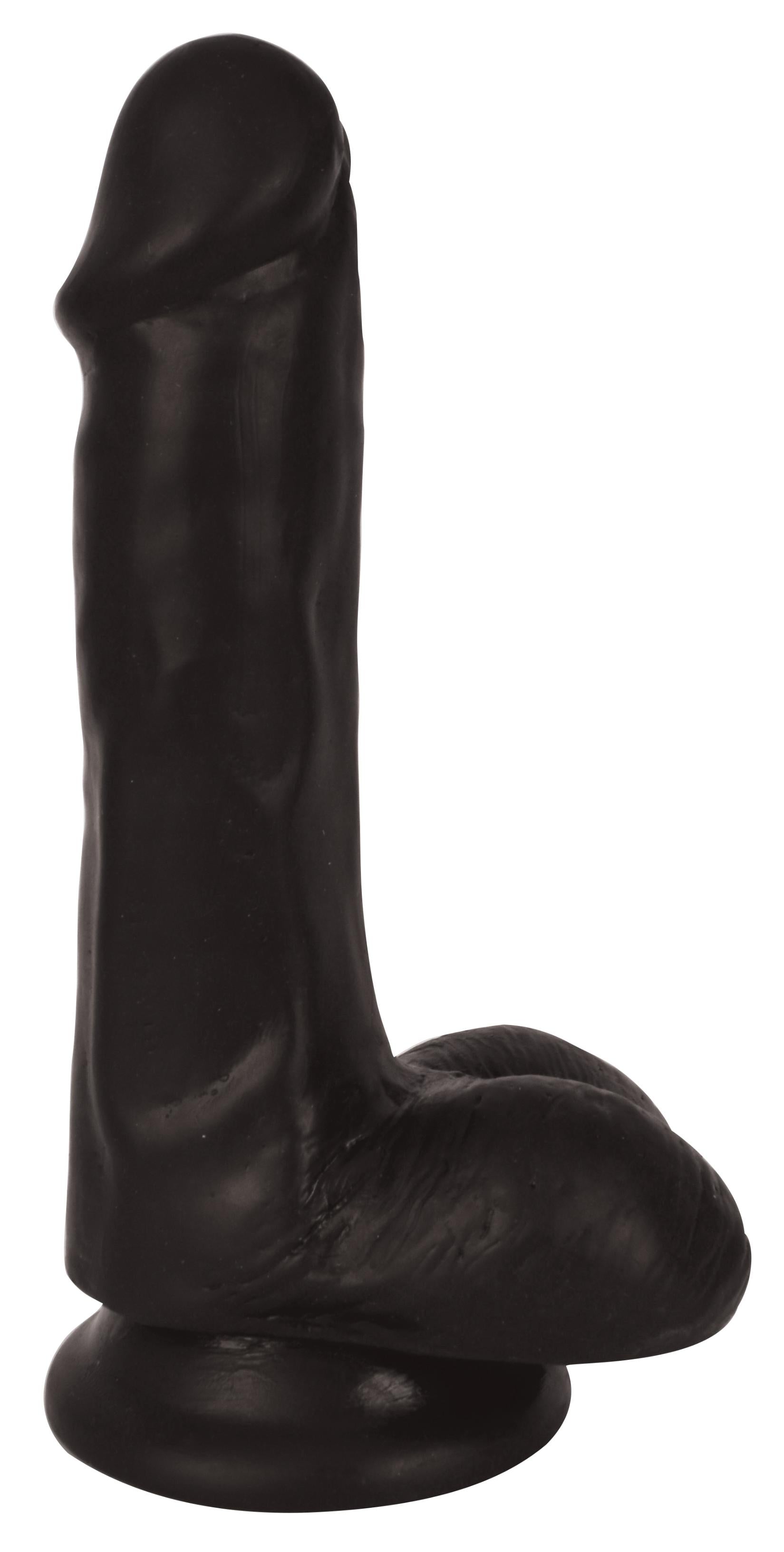 Black 6-inch slim dildo with balls mounted on a stand