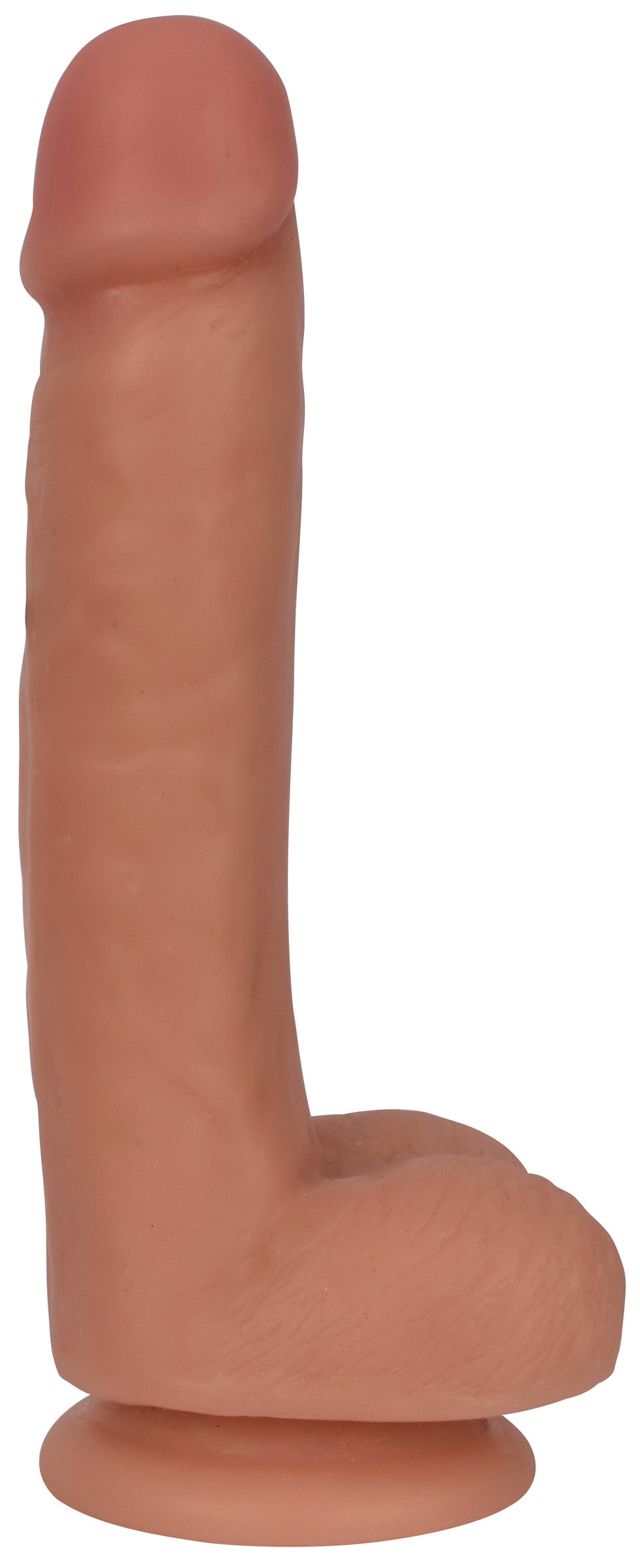 Close-up view of Thinz 7 inch slim silicone dildo with testicular detail