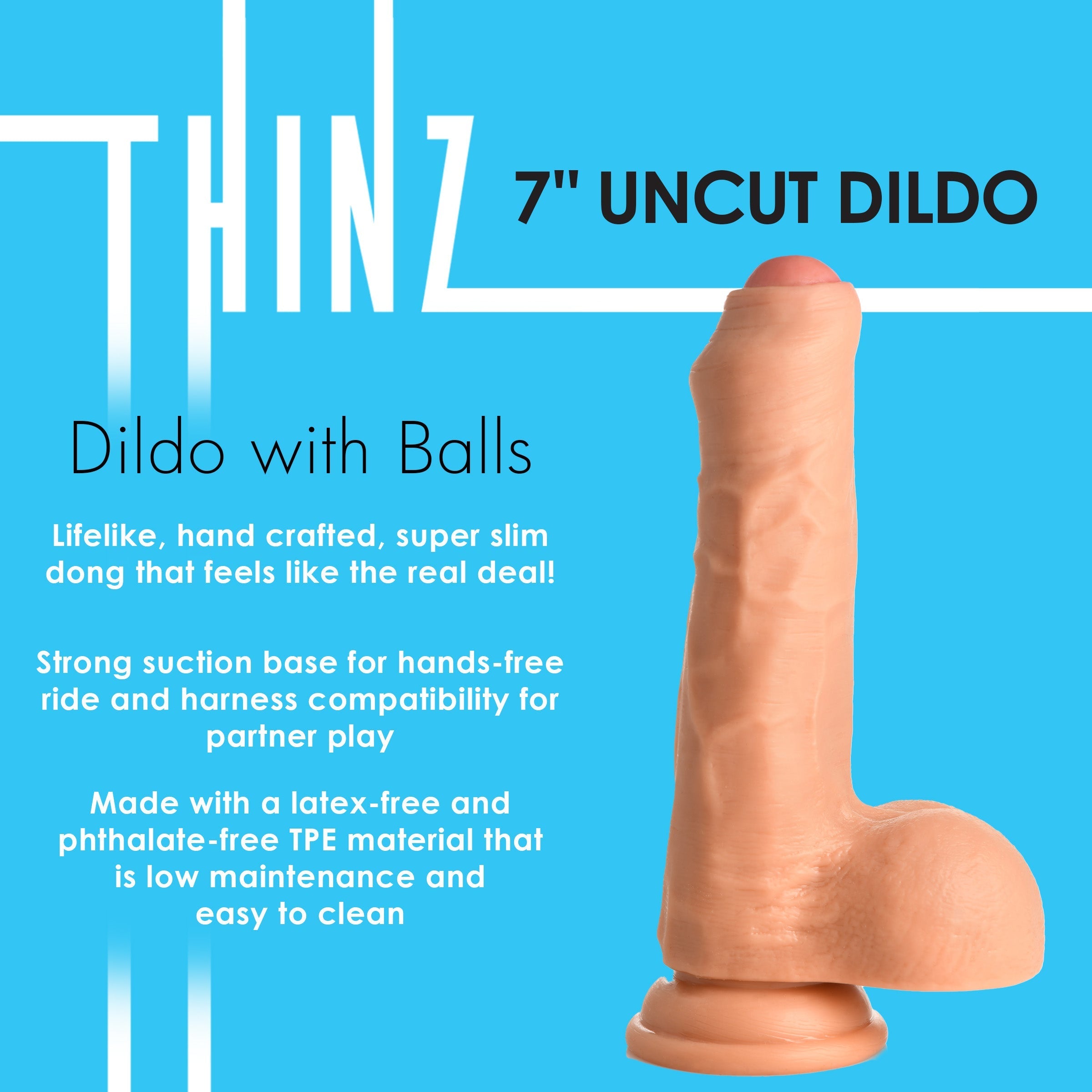 Close-up of the 7-inch uncut dildo with lifelike balls