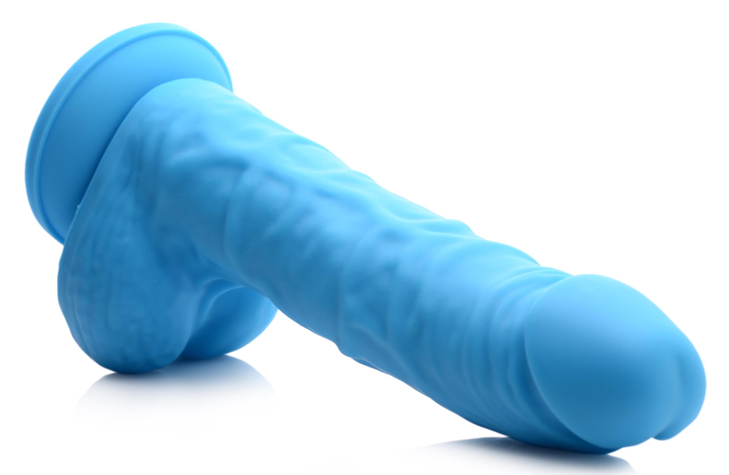 Detail of the silicone texture on a 7-inch dildo with balls