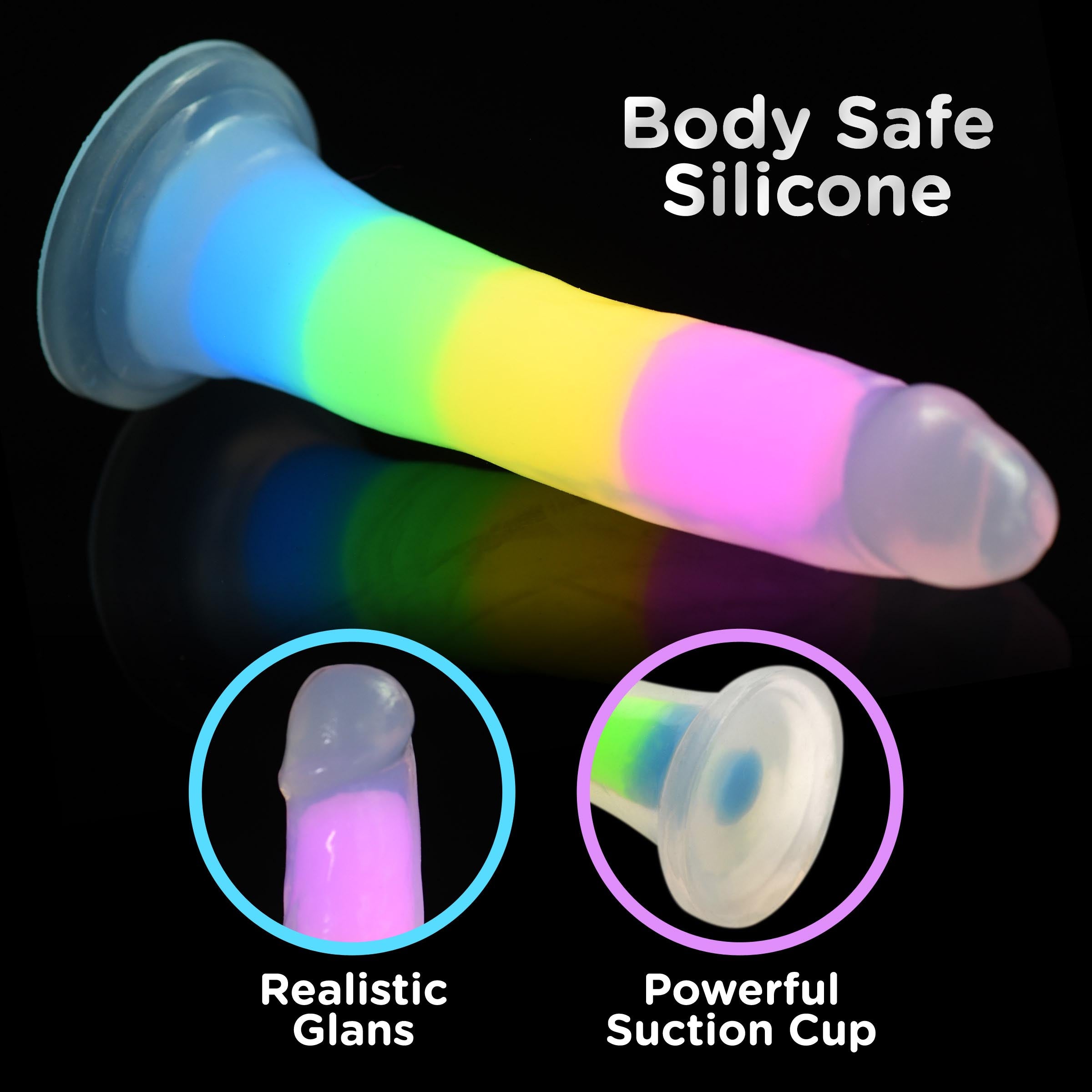 Phthalate-free silicone rainbow dildo with glow feature