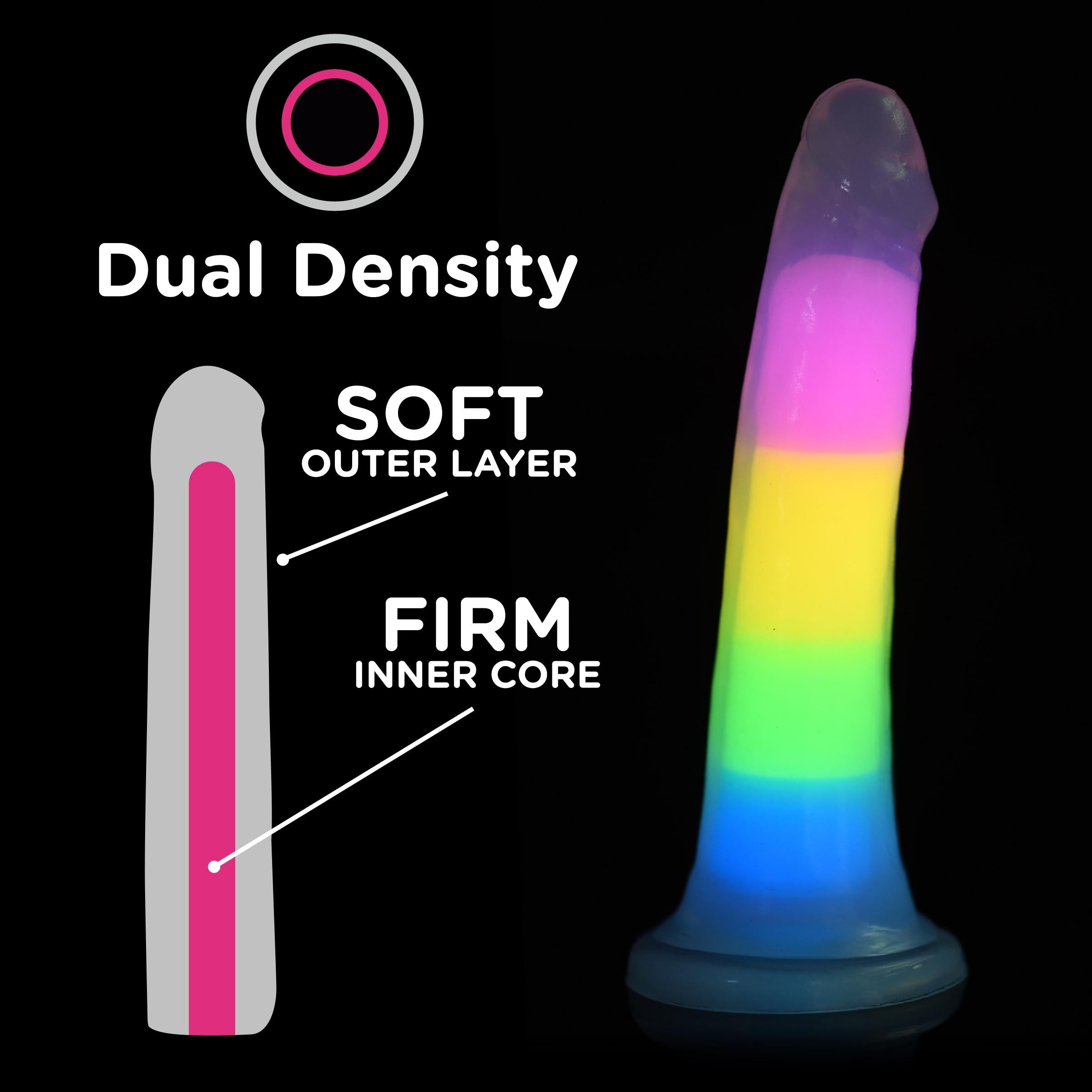 Flexible rainbow silicone dildo with dual-density and glow-in-the-dark effect