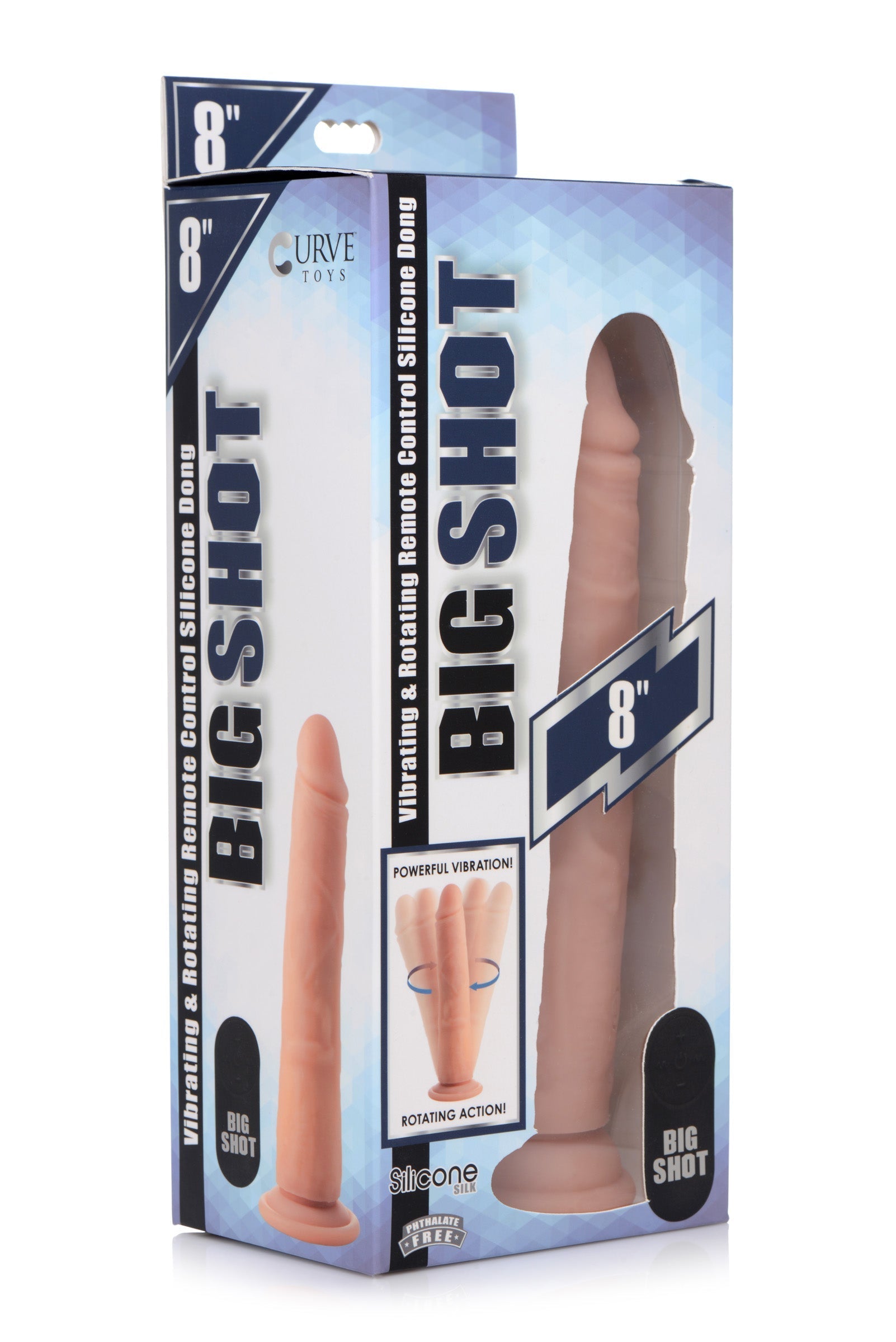 Realistic silicone dildo with vibration and rotation functions, side angle view