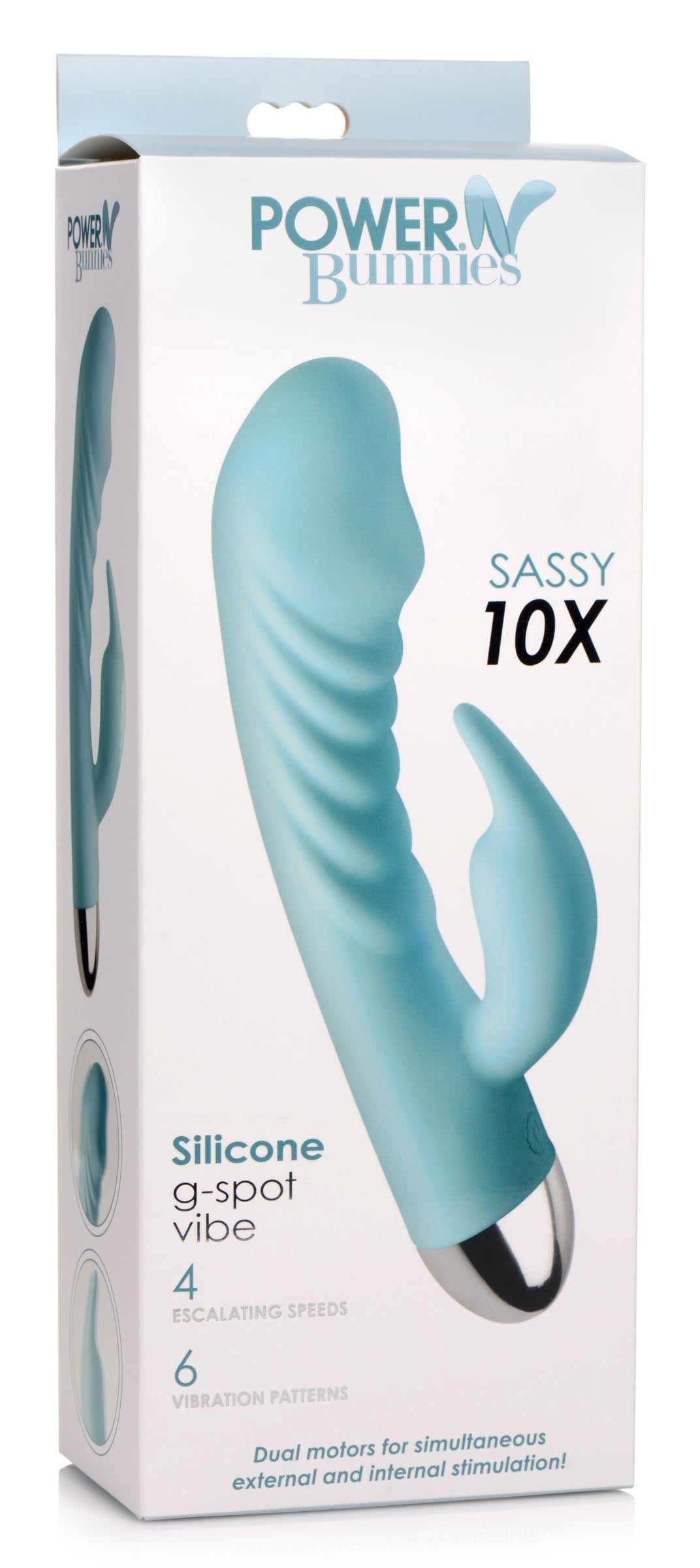 Blue Sassy 10x Silicone G-spot Vibrator highlighting its texture and shape