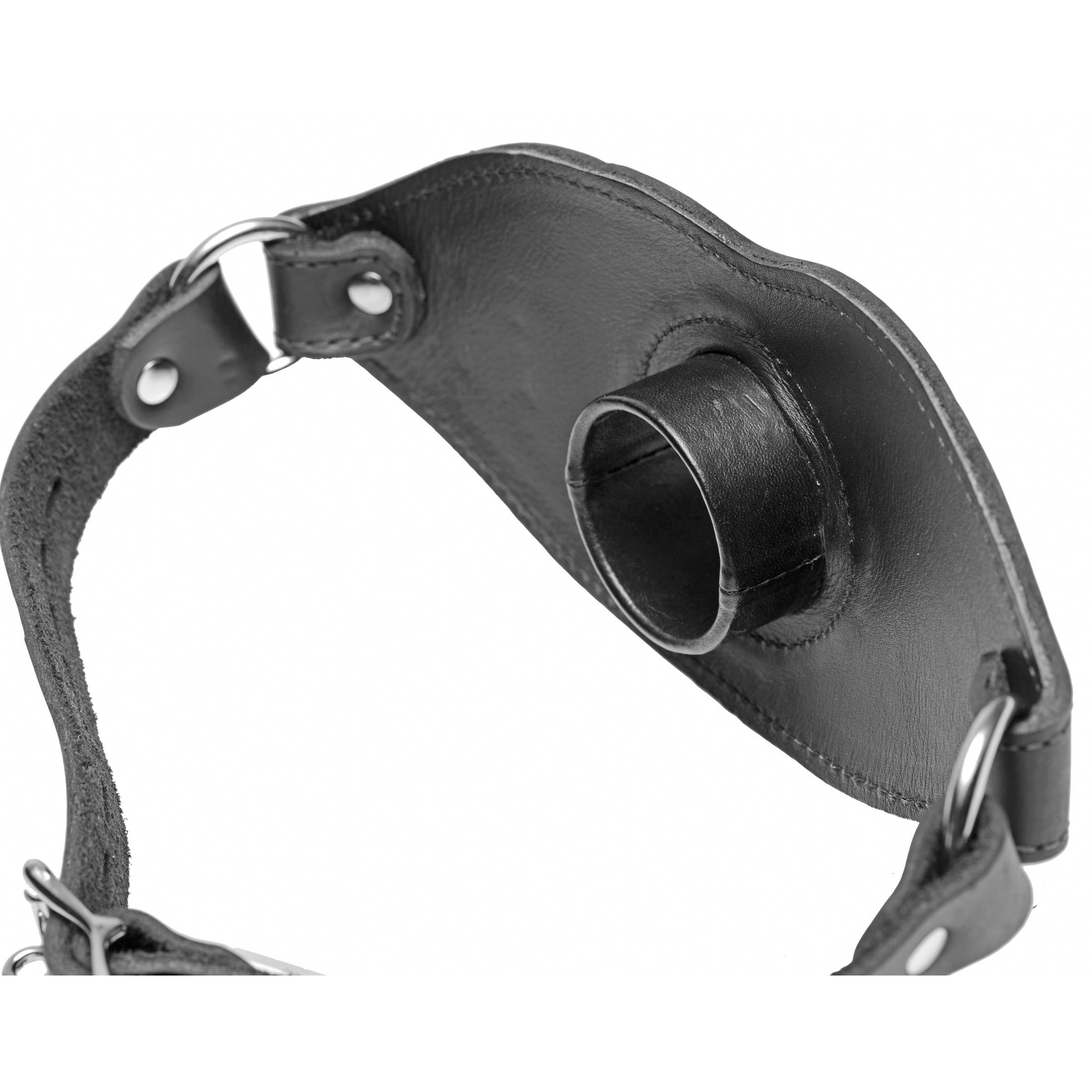 Black leather open mouth gag with securing collar and ring attachment