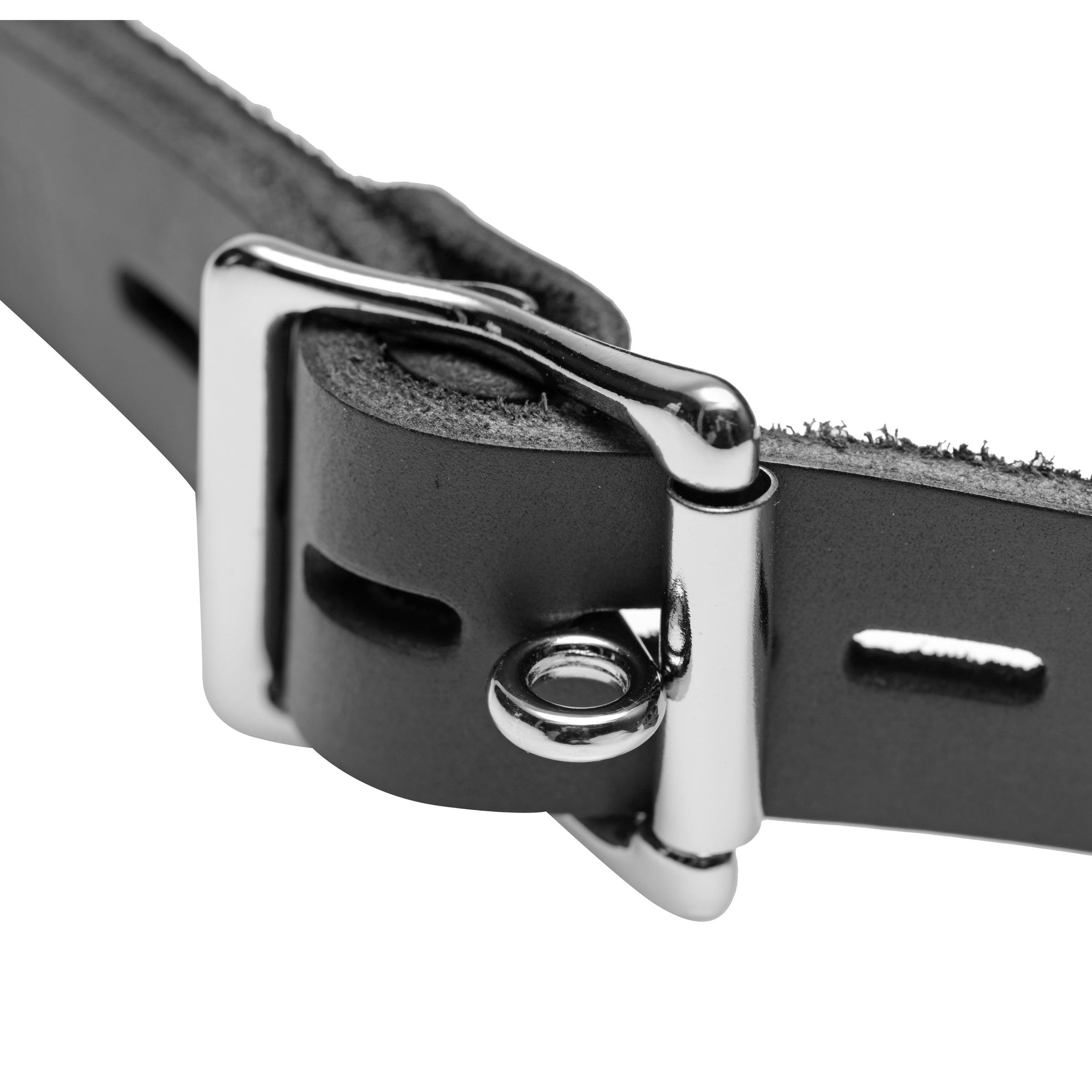 Detailed view of the black leather gag's metal buckle fastening