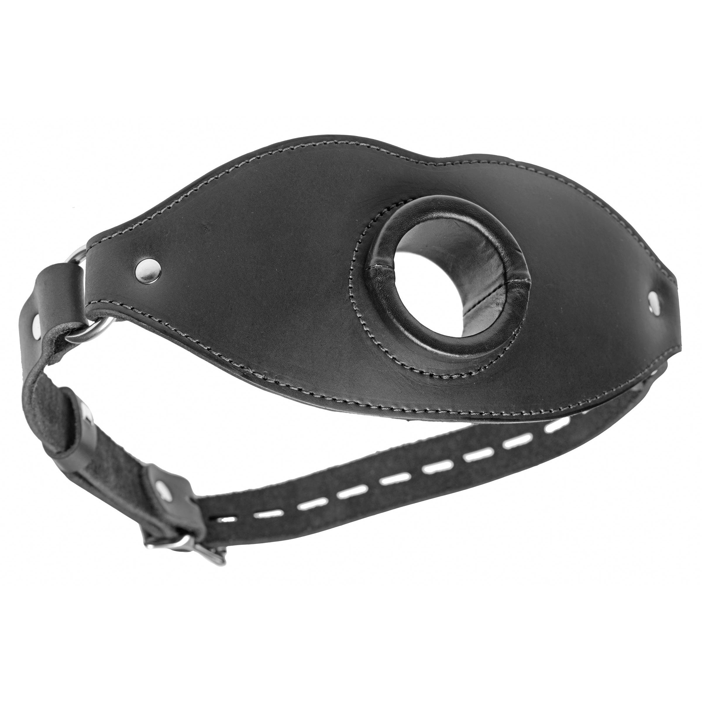 High-quality black leather used in the construction of an open mouth gag