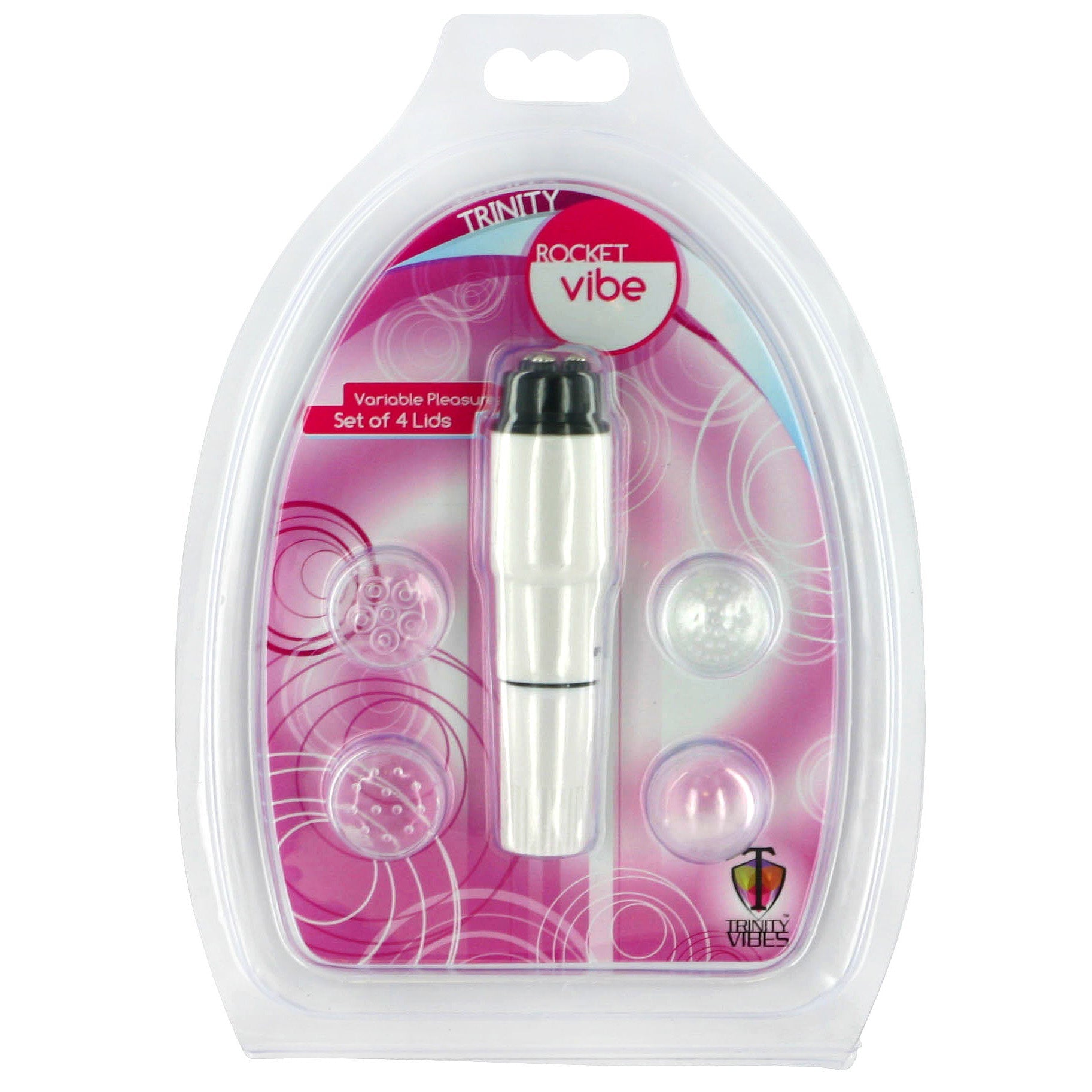 Trinity Rocket Massager in its original packaging with white and pink color scheme