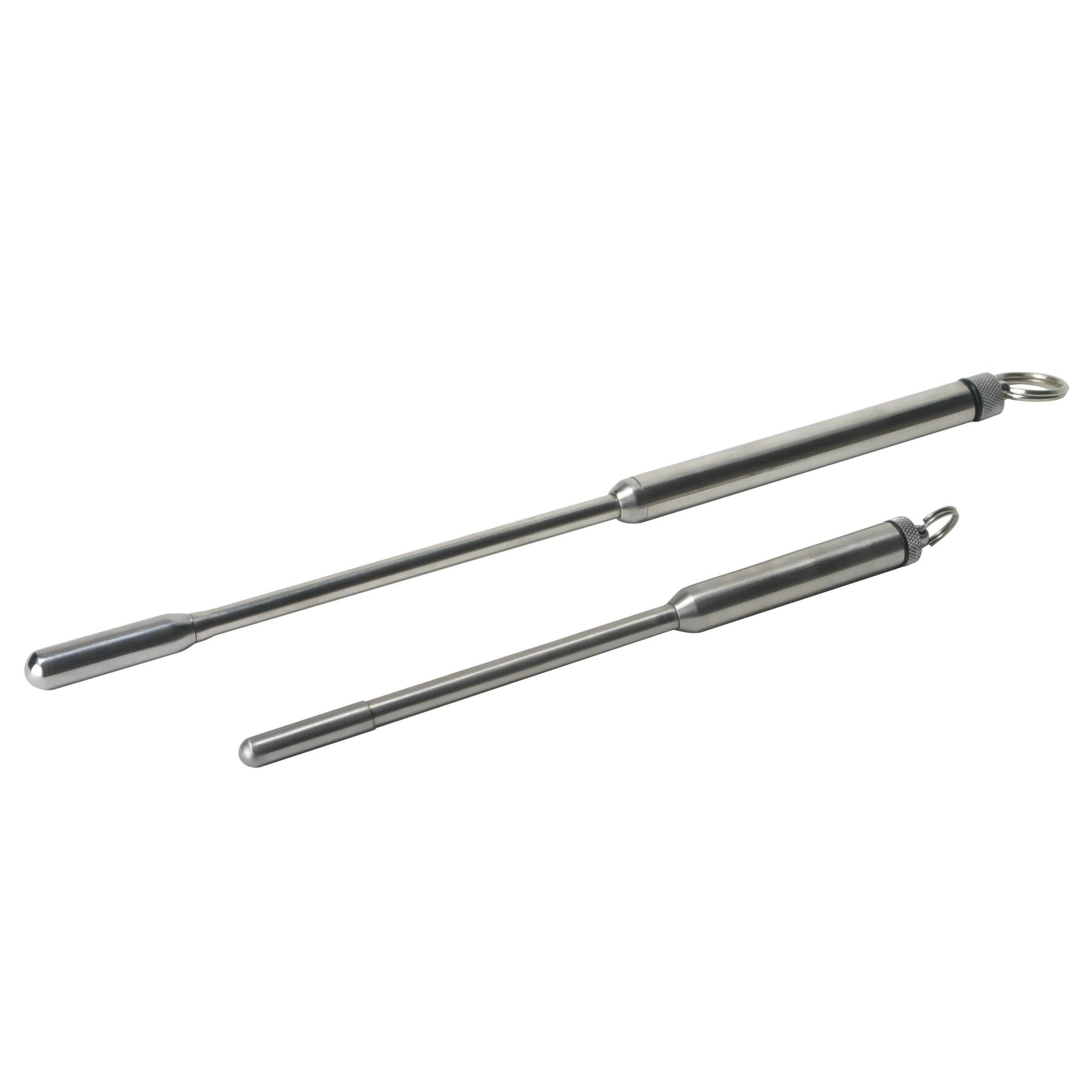 Pair of stainless steel vibrating urethral sounds displayed side by side