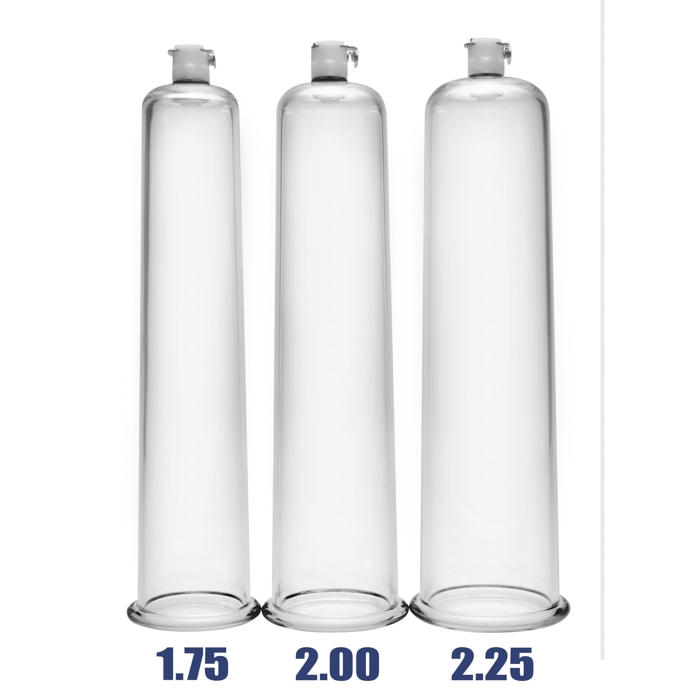 A set of three penis pump cylinders in varying sizes