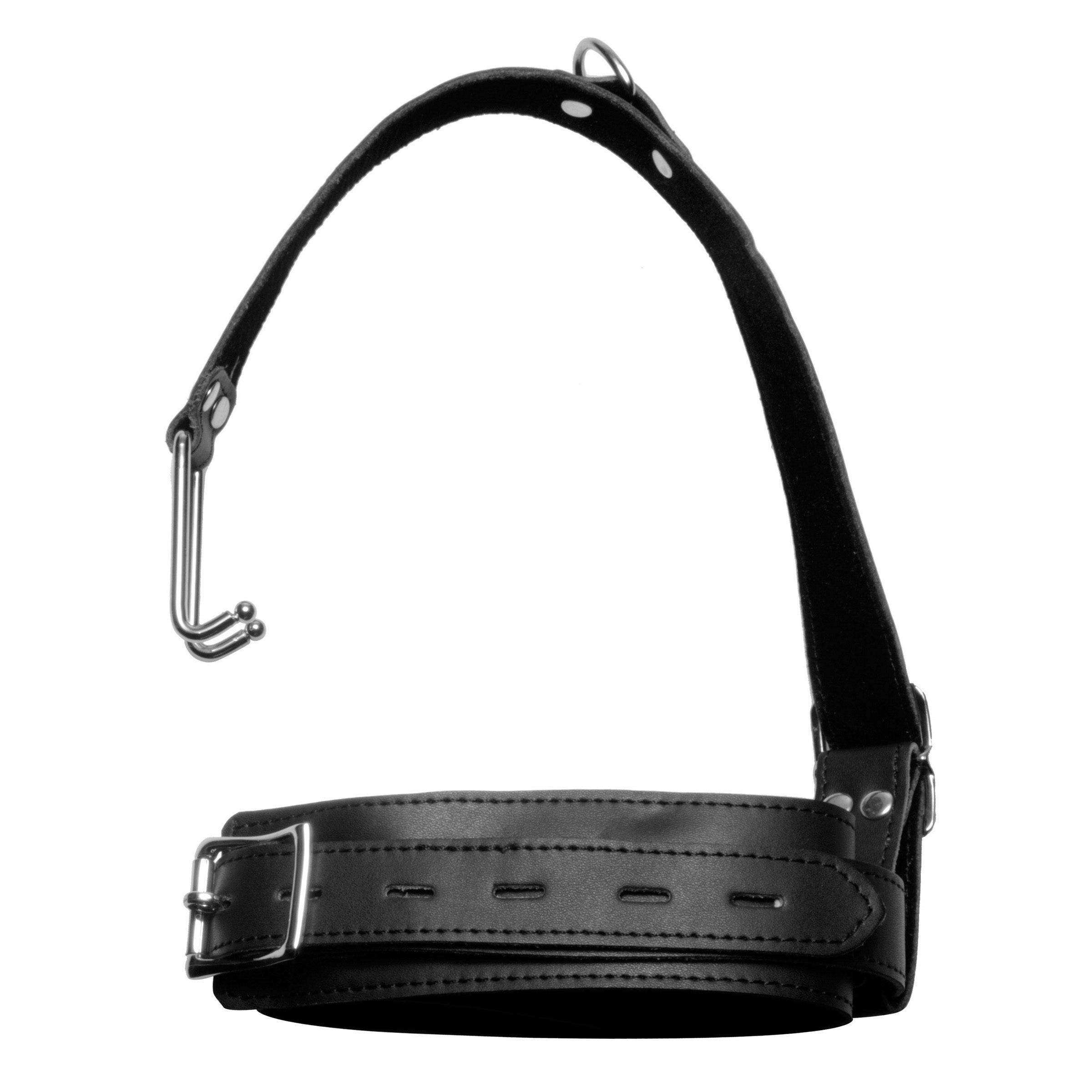 The leather collar with nose hook lying flat on a surface