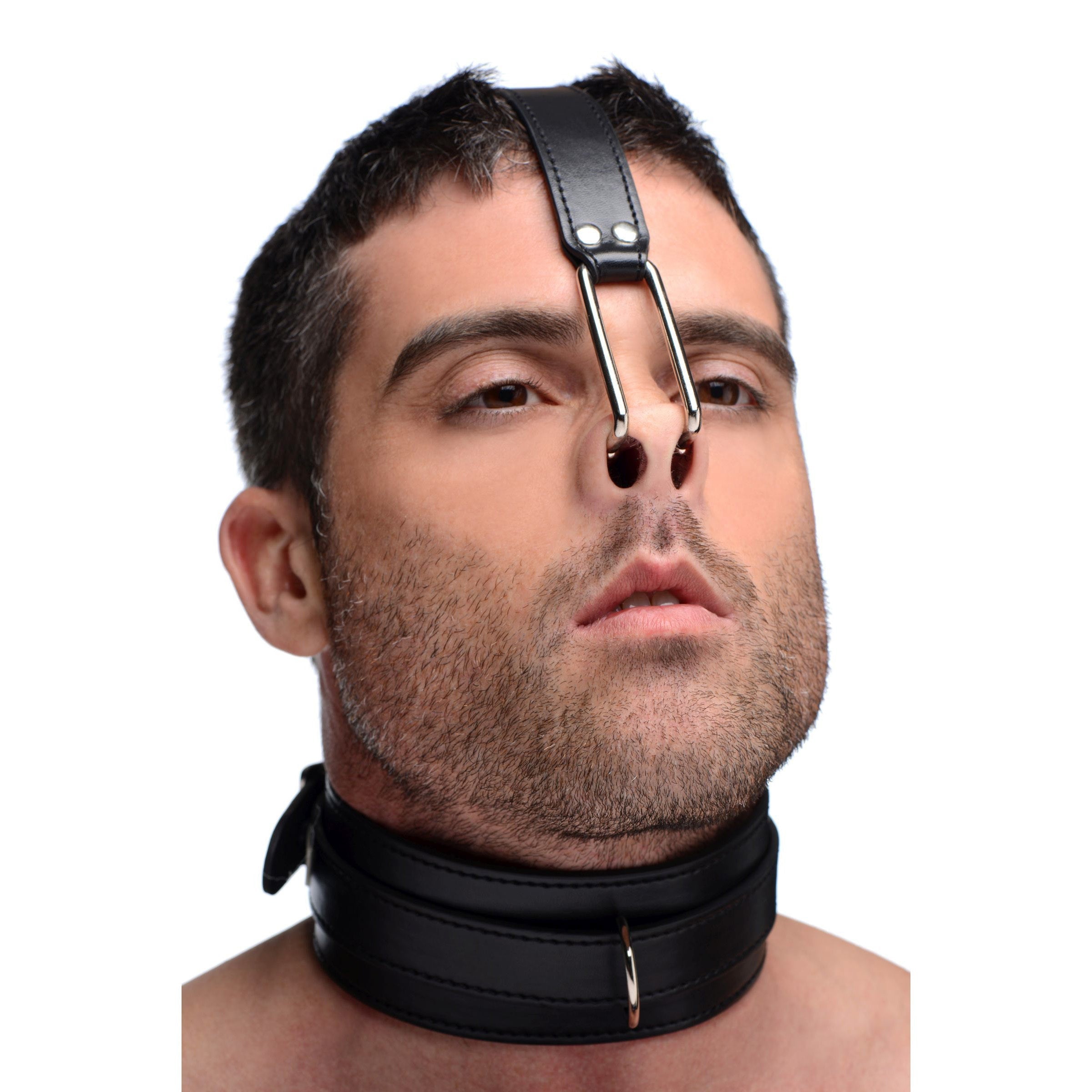 Leather collar with nose hook being worn by a person