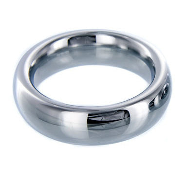 Polished stainless steel cock ring displayed on a white surface