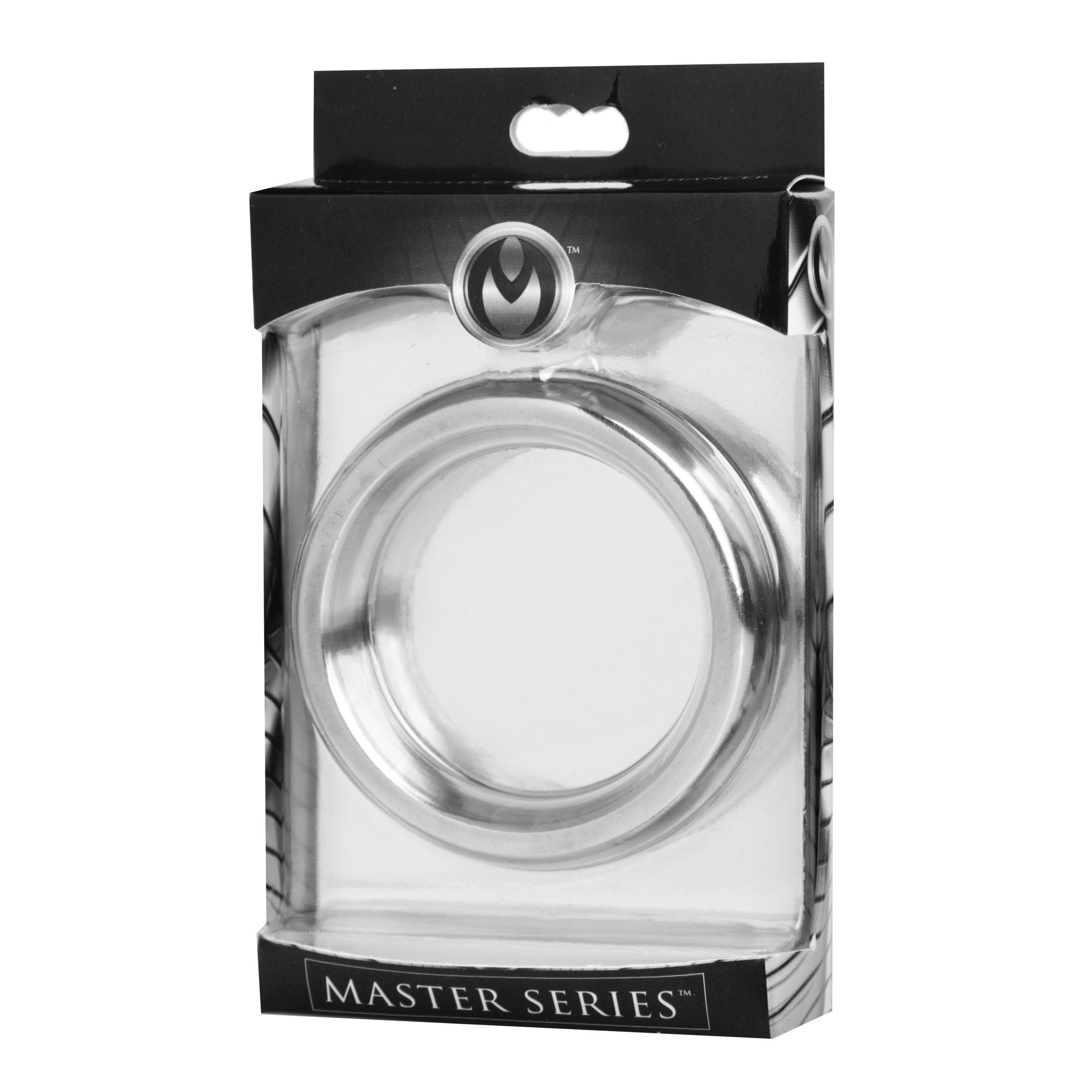 Master Series branded stainless steel cock ring with logo visible