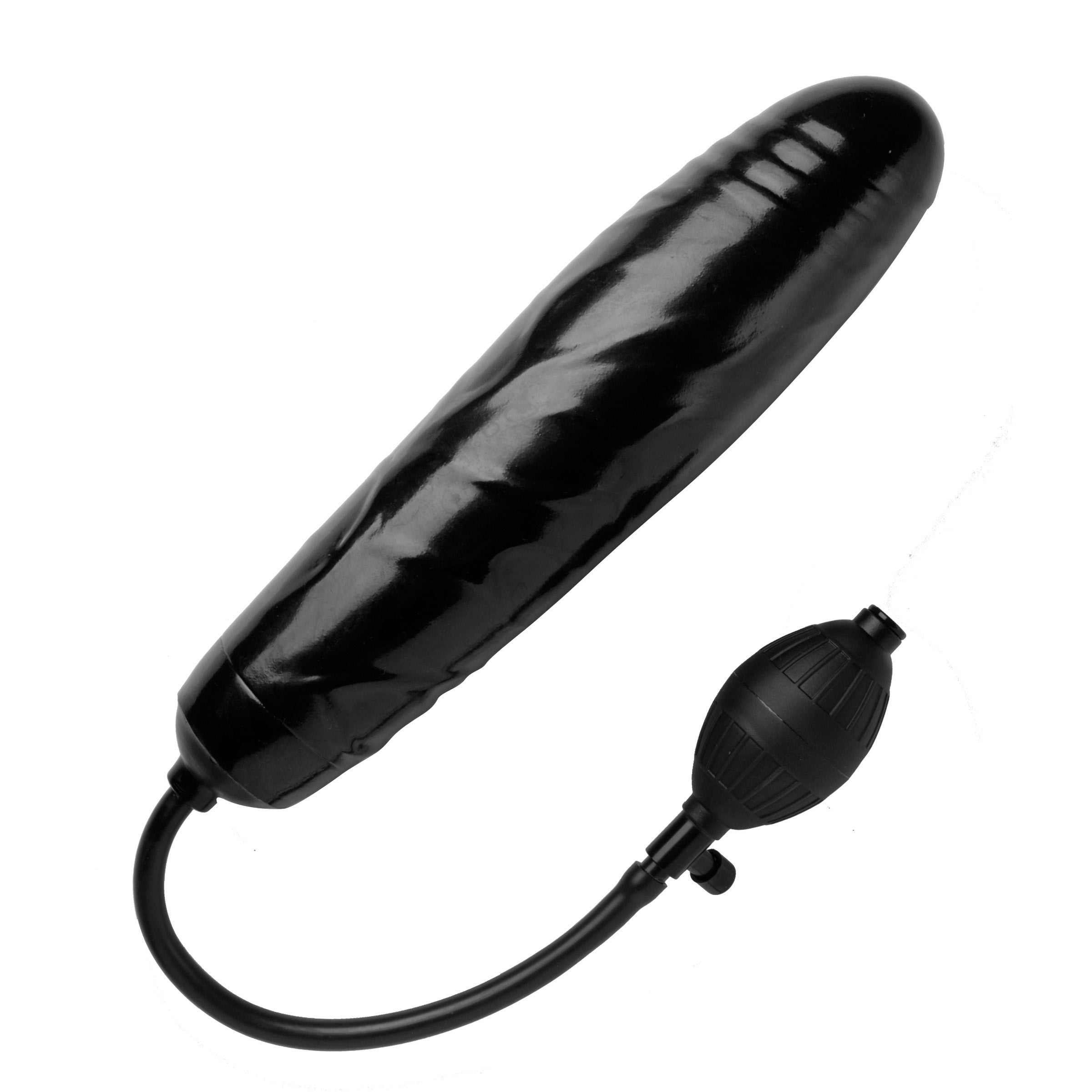 Close-up of an inflatable black dildo with a cord