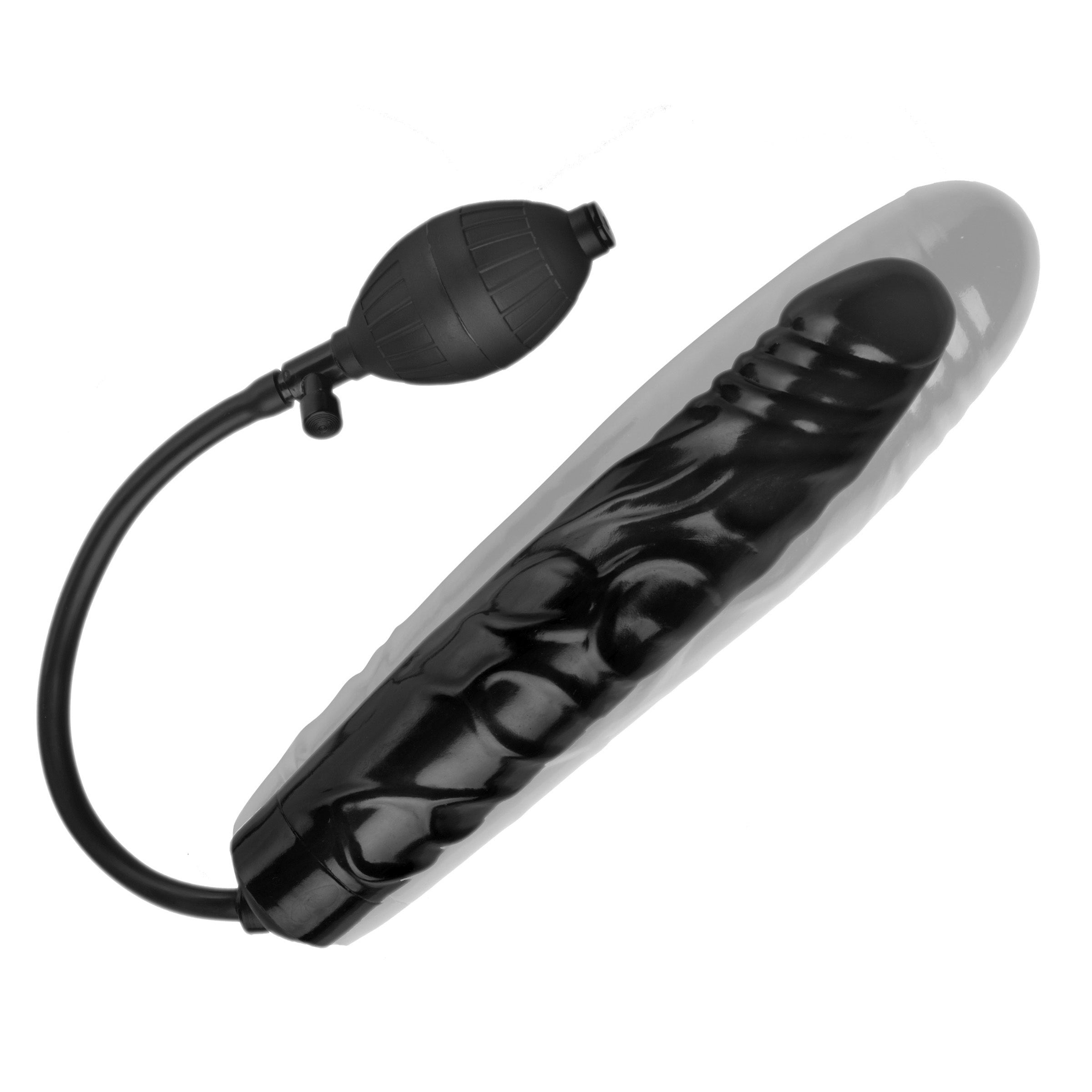 Black and white inflatable dildo connected to a power cord