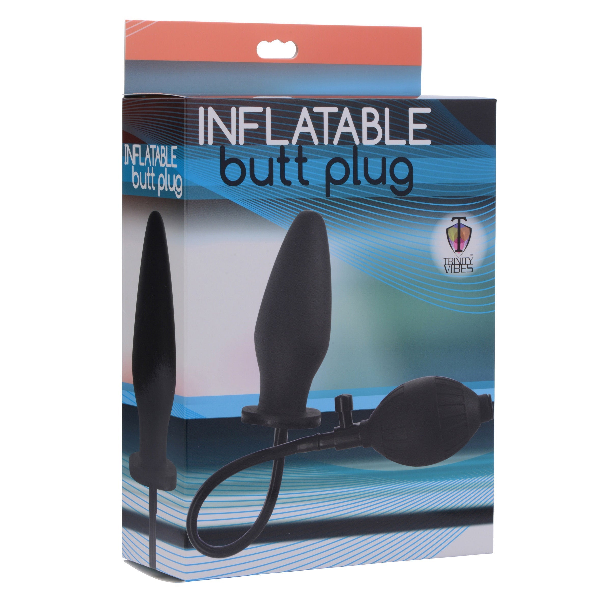 The inflatable butt plug displayed in its original packaging