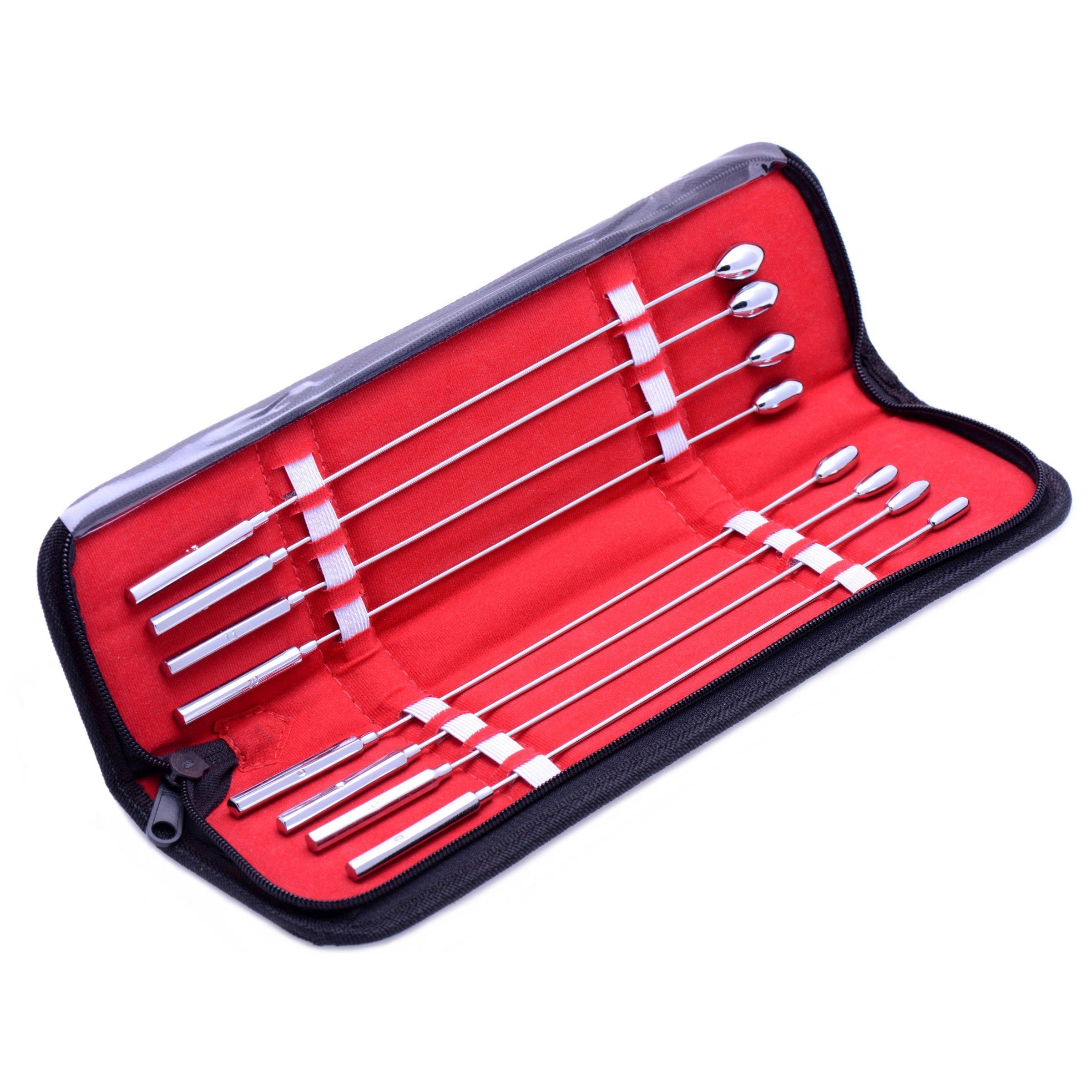 Rosebud Urethral Sounds Kit featuring six polished rods in a red velvet-lined case