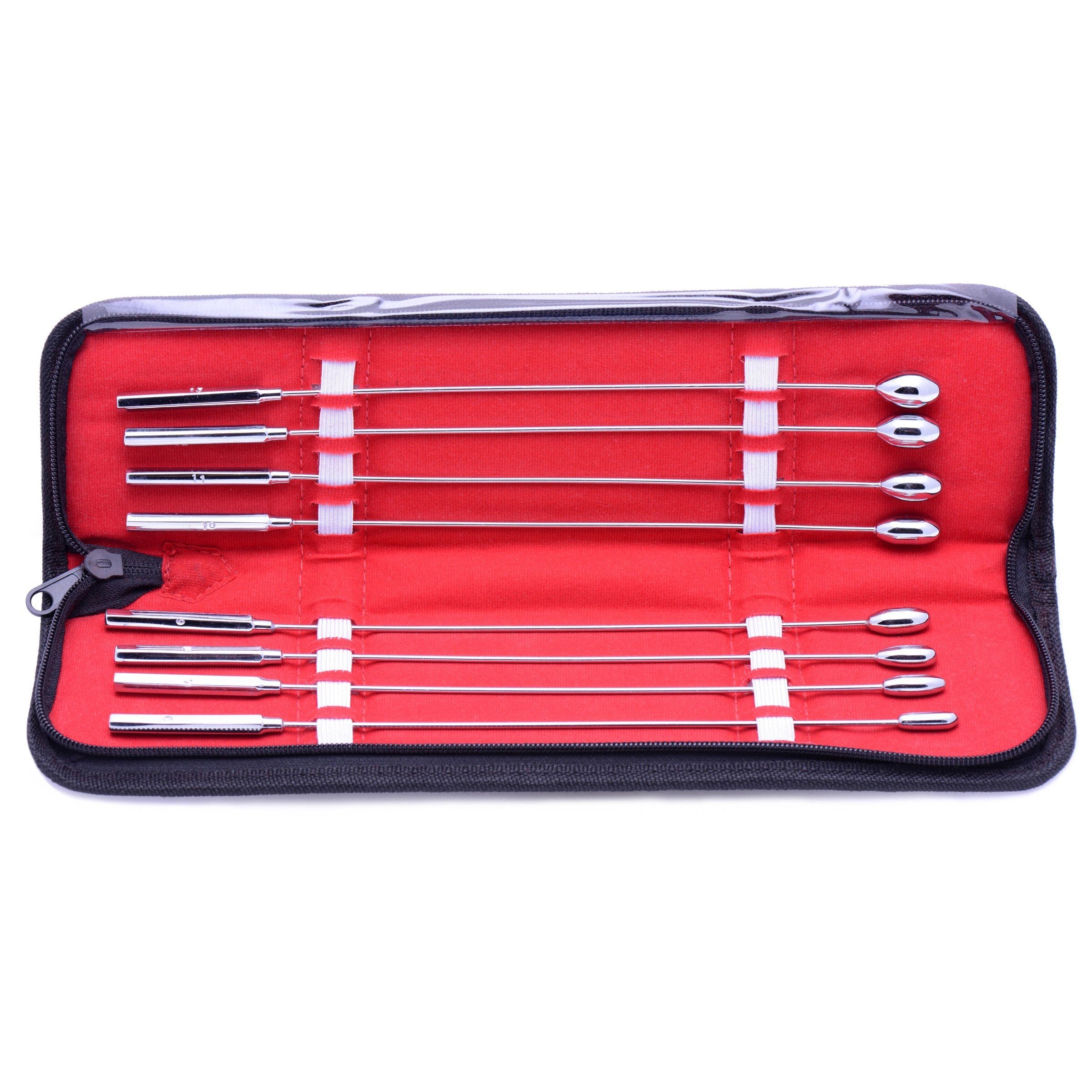 Close-up view of the Rosebud Urethral Sounds Kit with six surgical-grade metal rods neatly arranged in their case